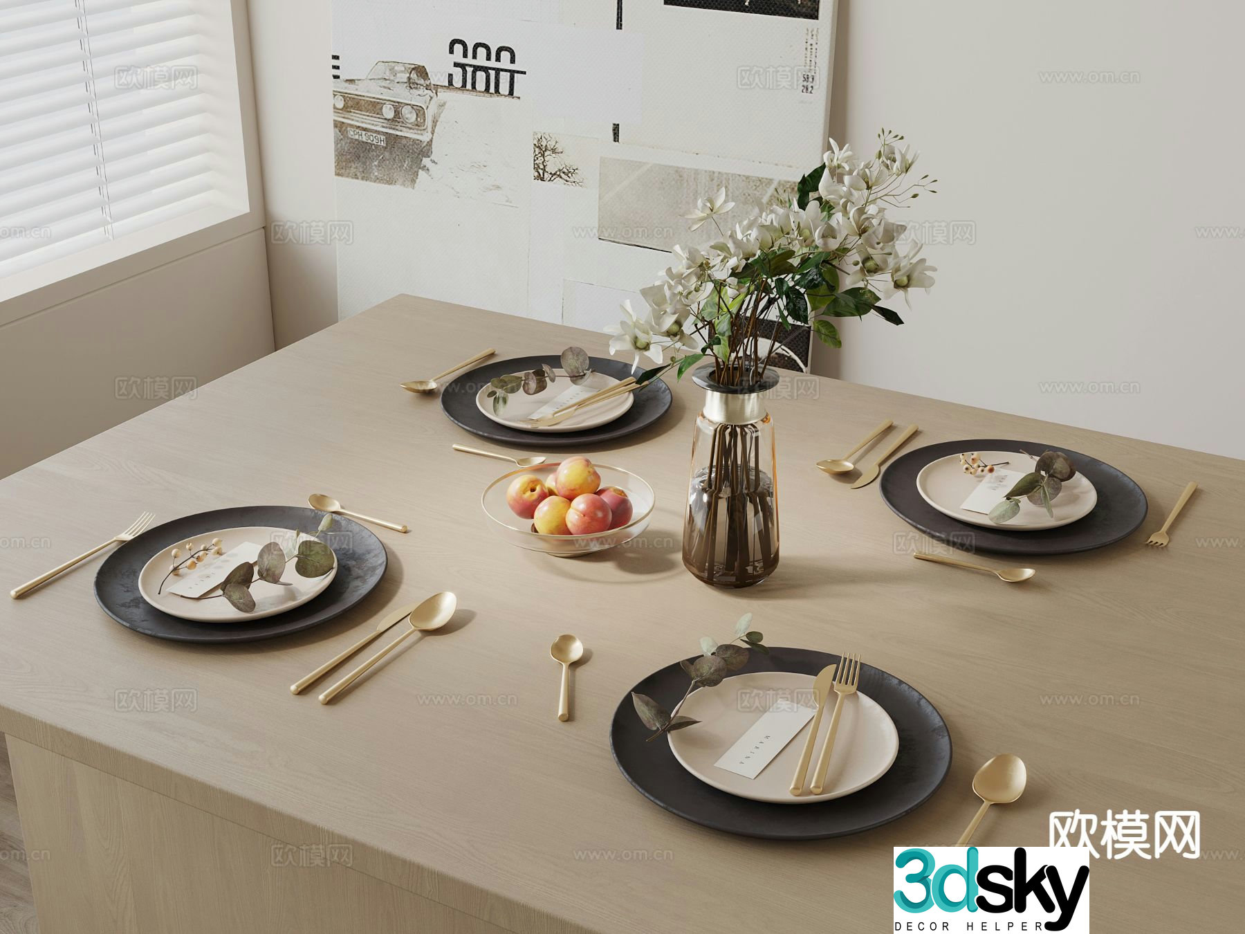 Modern tableware knife and fork plate floral fruit 3d model