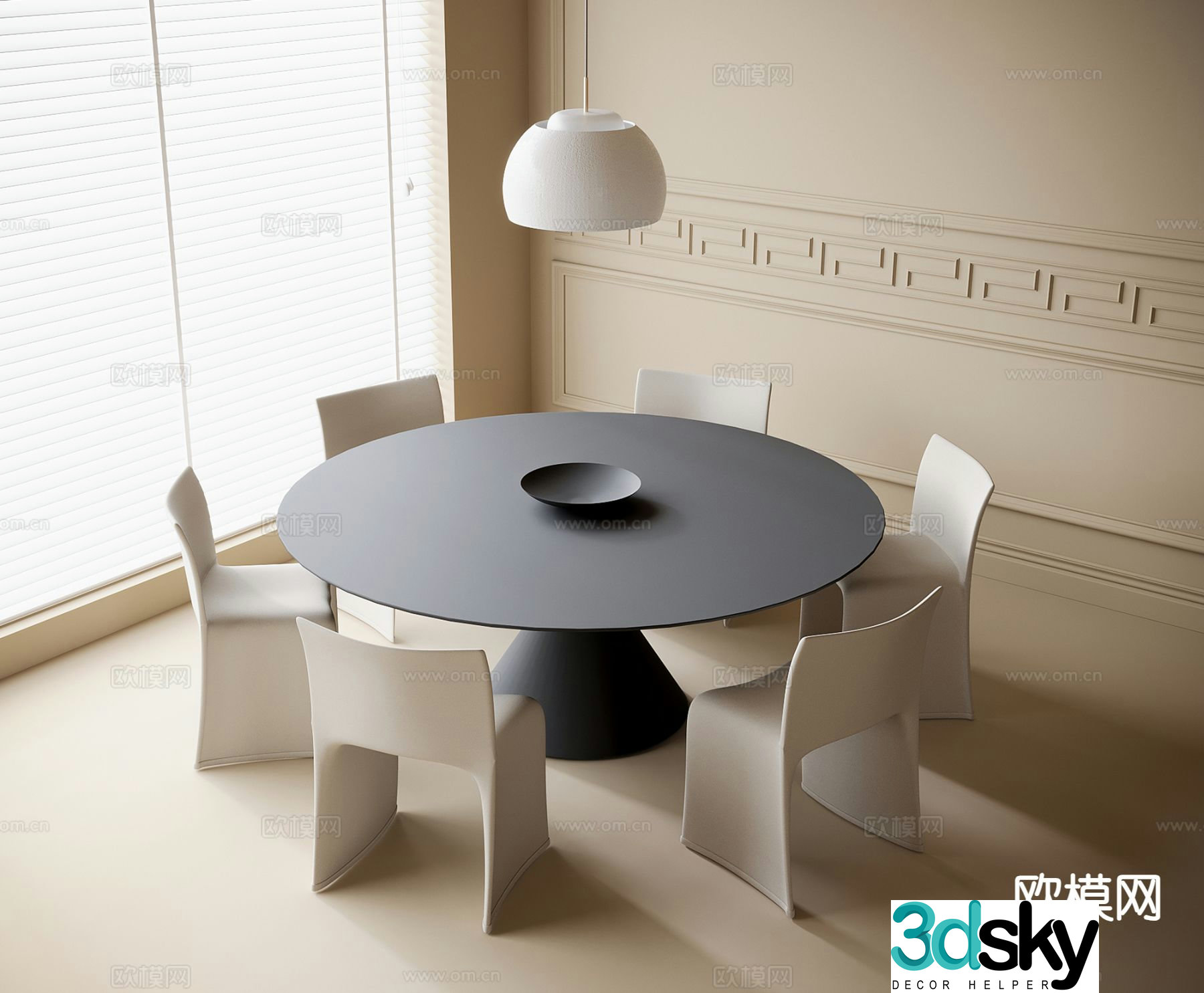 Creamy dining table and chairs Round dining table 3D model