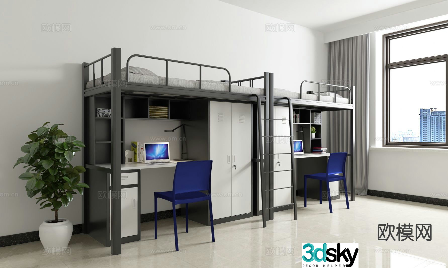 School dormitory bed upper bed and lower table upper and lower bed 3D model