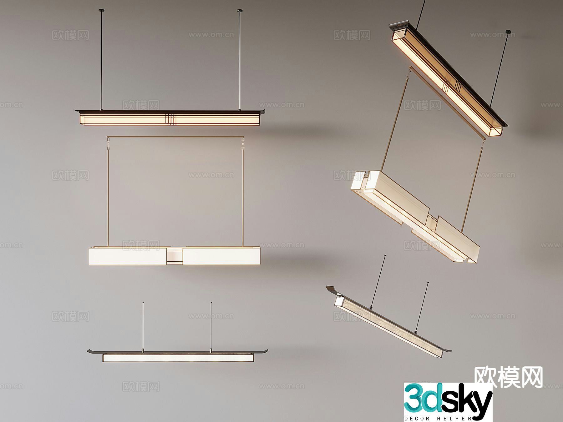 New Chinese style long strip light 3D model of one-word chandelier