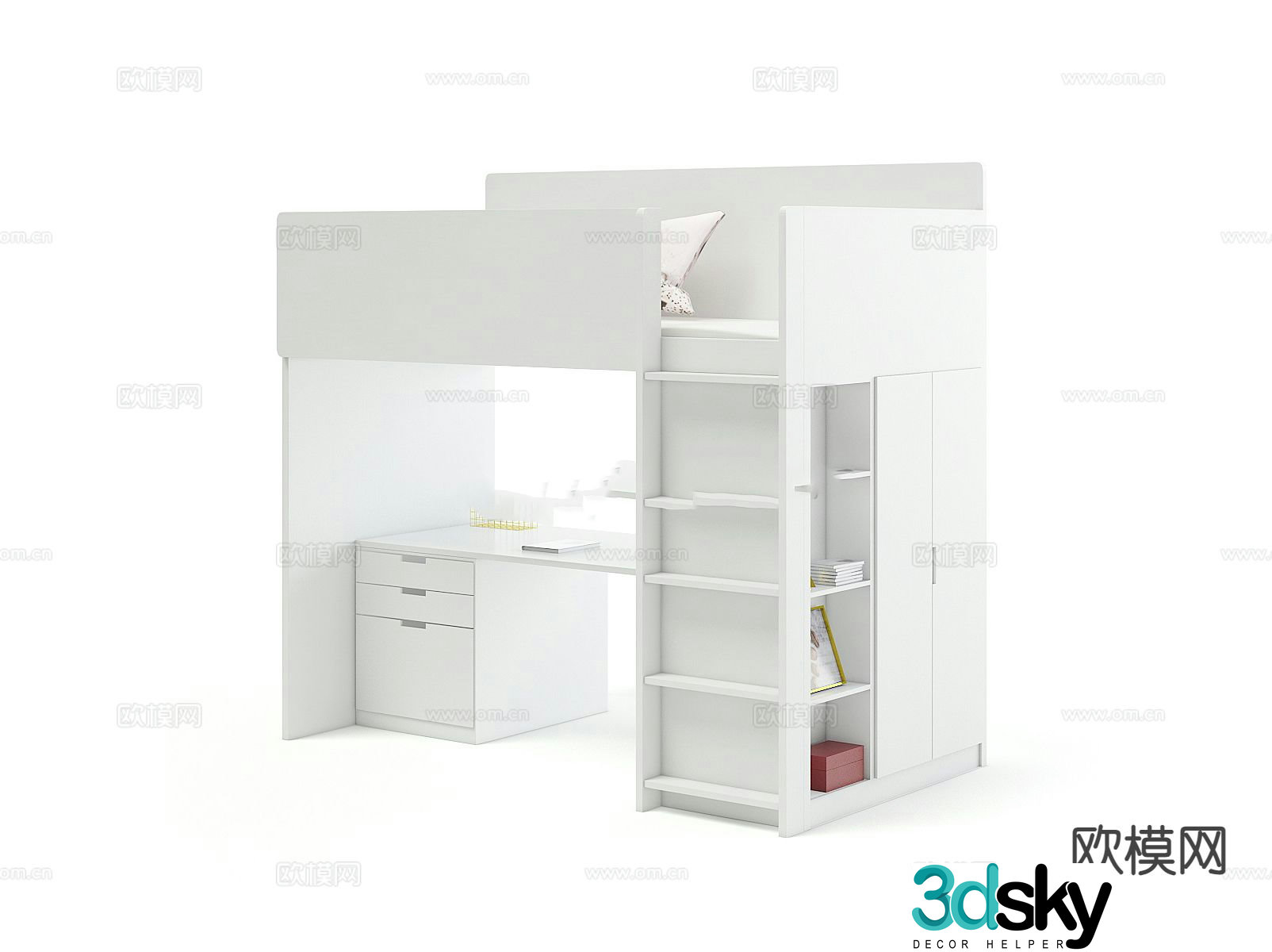 Upper bed and lower table study table children’s bed 3D model