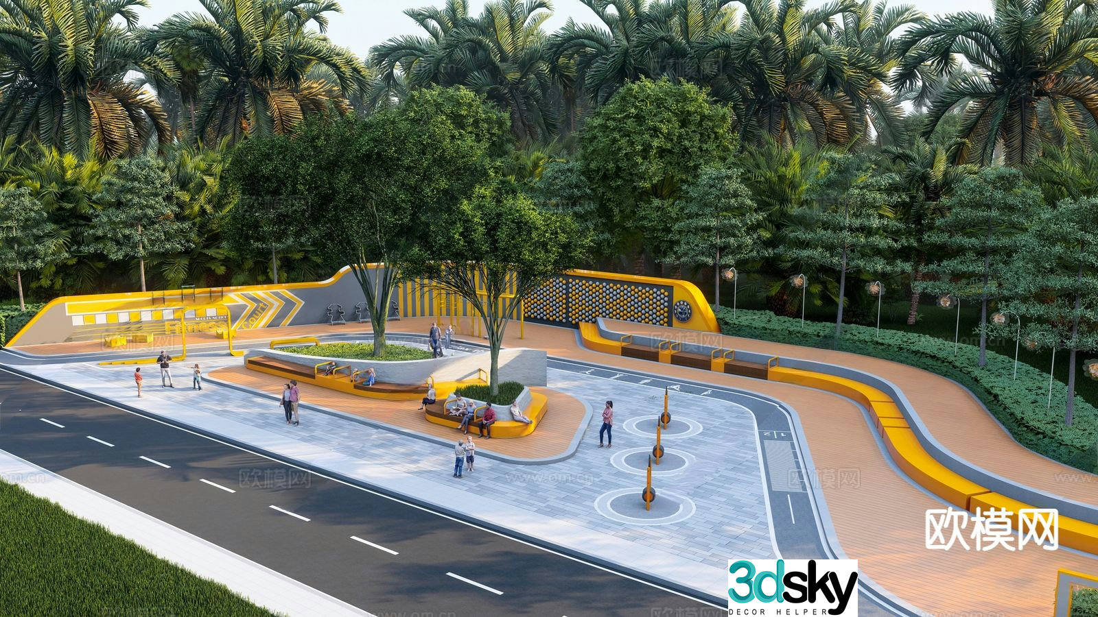 Modern pocket park street corner green space park 3d model