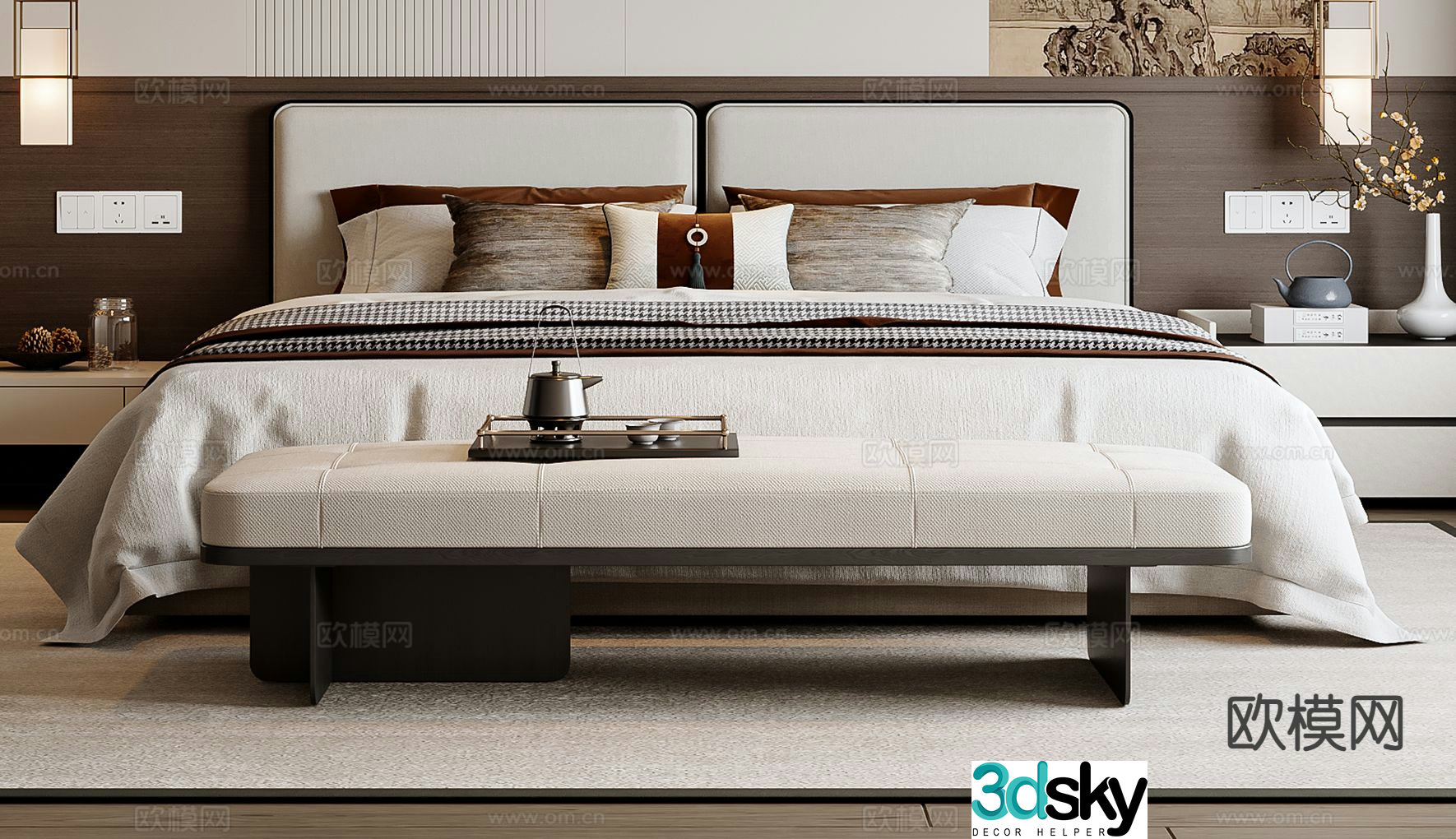 New Chinese style double bed 3d model