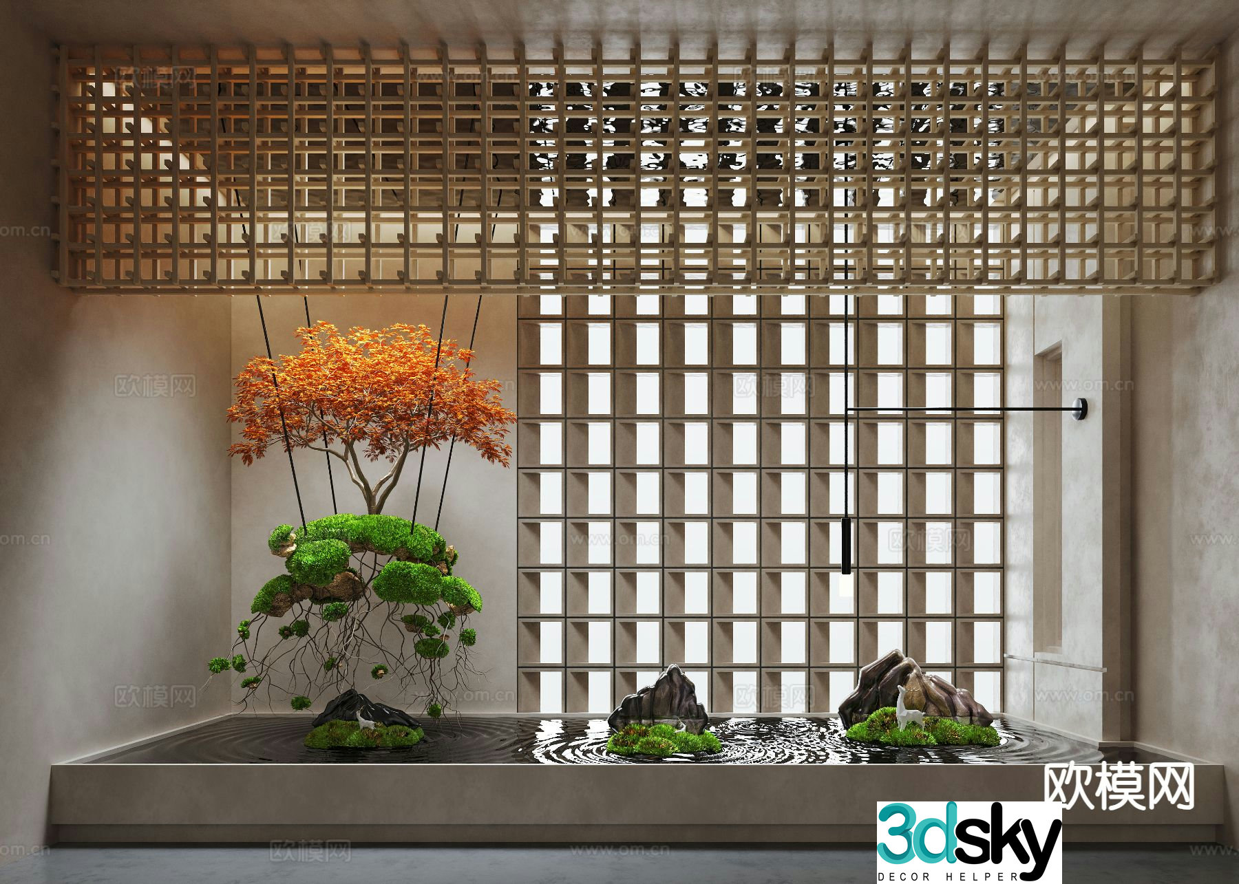 Modern indoor waterscape hanging plants plant installation indoor landscaping 3d model