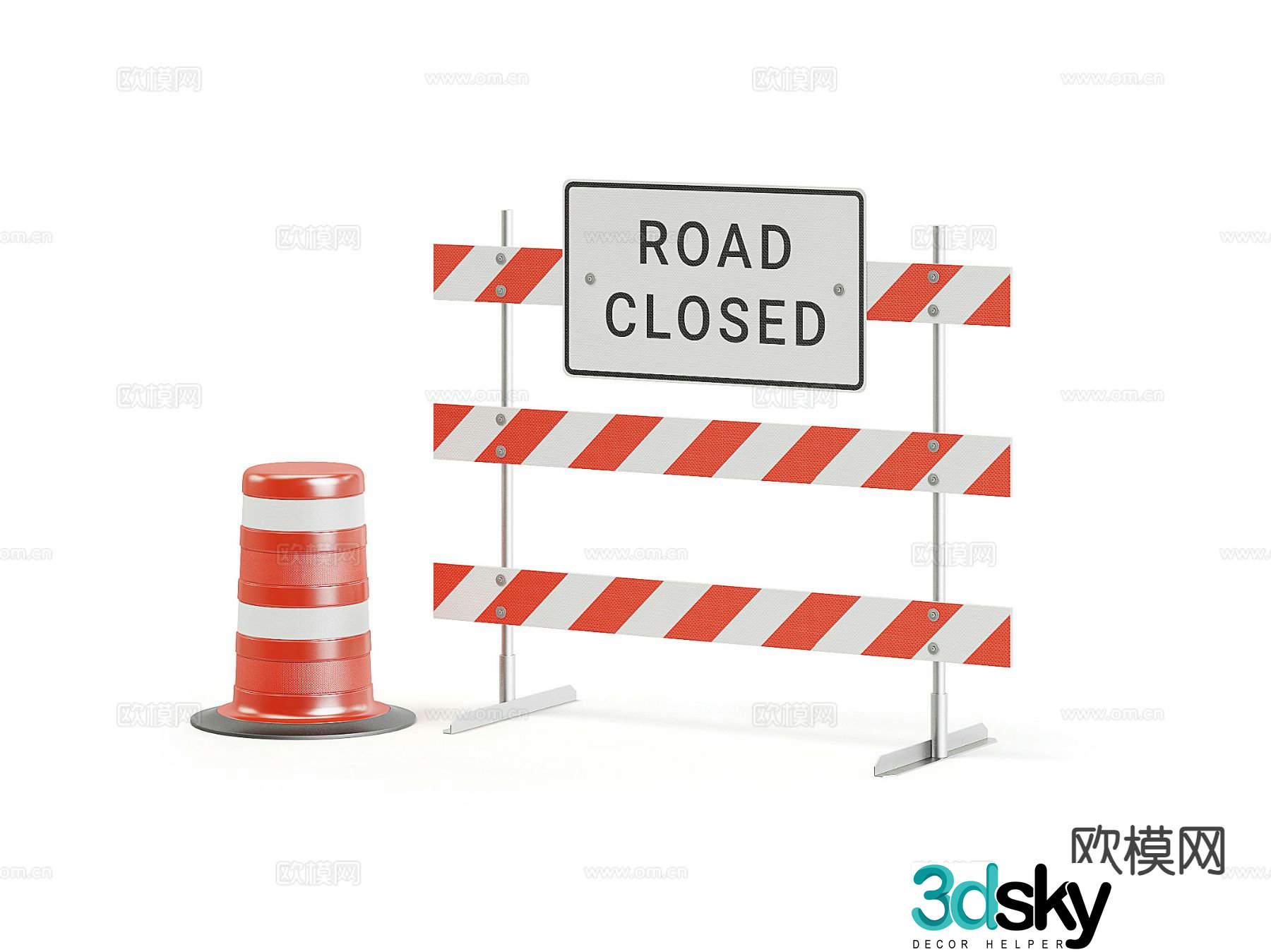 Construction warning sign, roadblock, warning cone 3D model