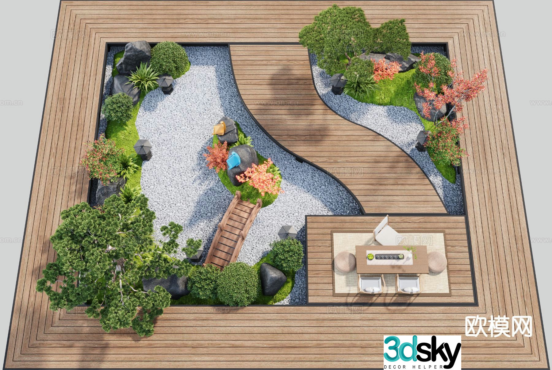 New Chinese style sunken courtyard dry landscape 3D model