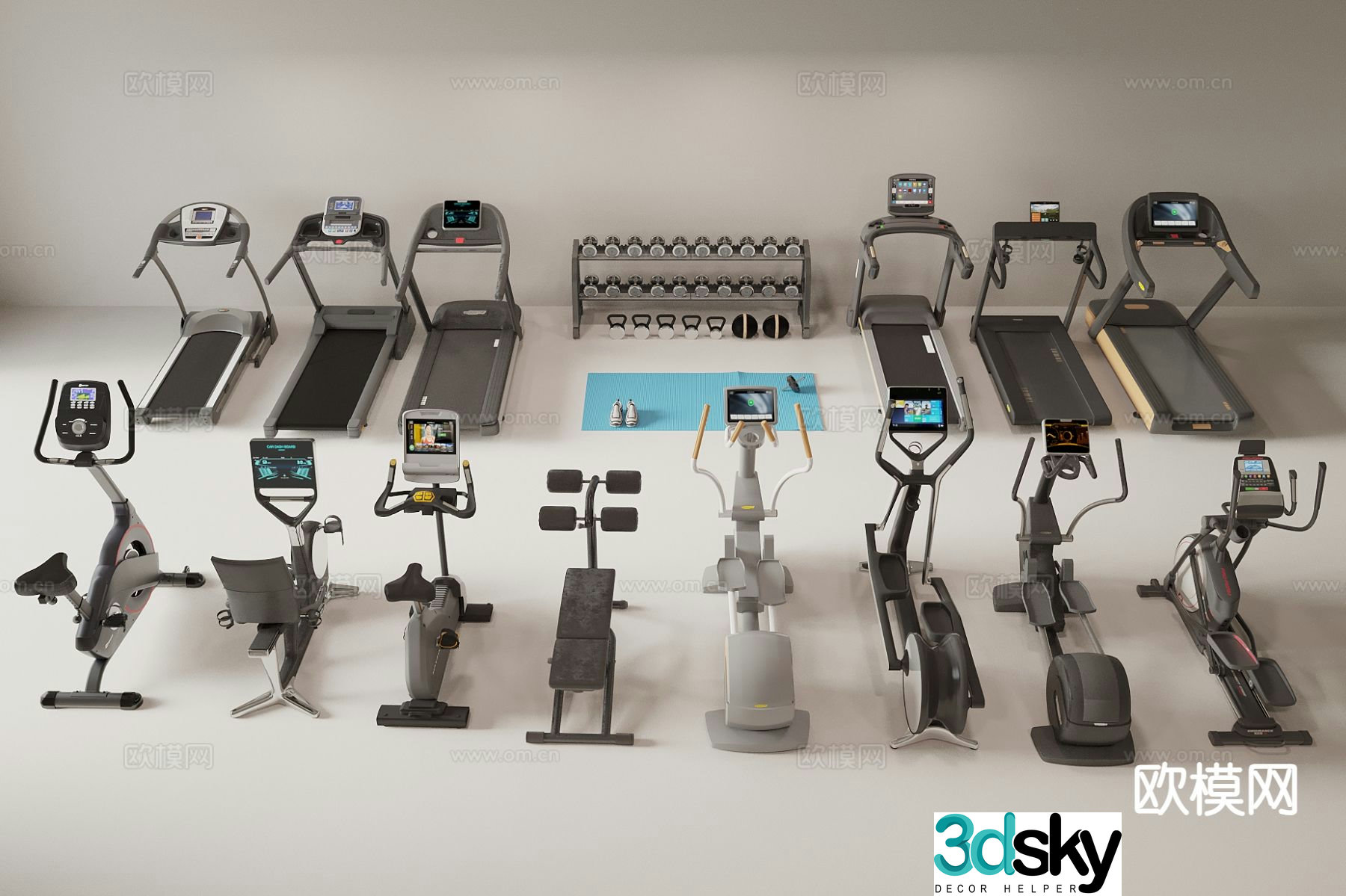 Fitness equipment treadmill elliptical machine dumbbell 3d model