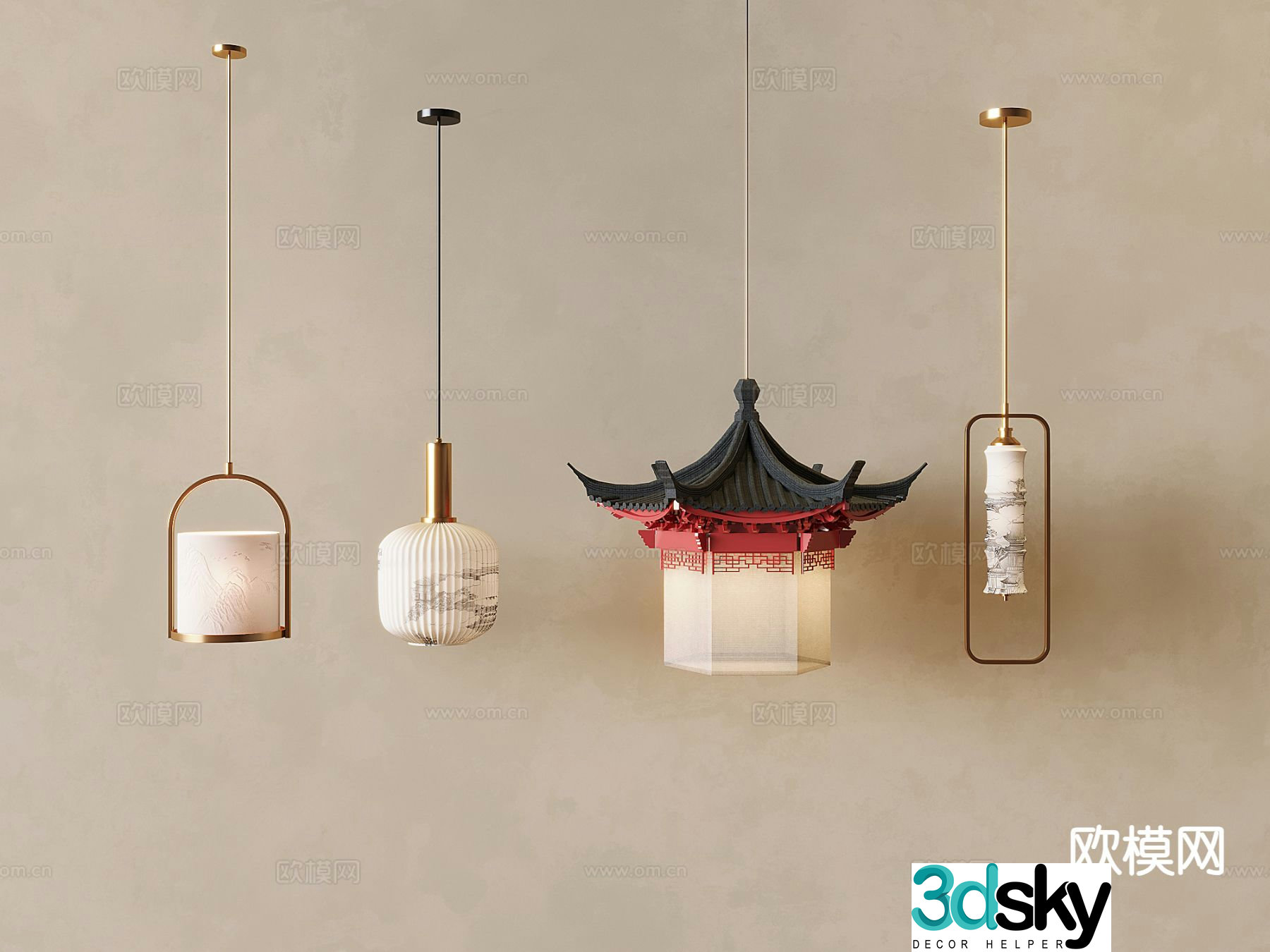 Chinese lantern loft chandelier 3d model