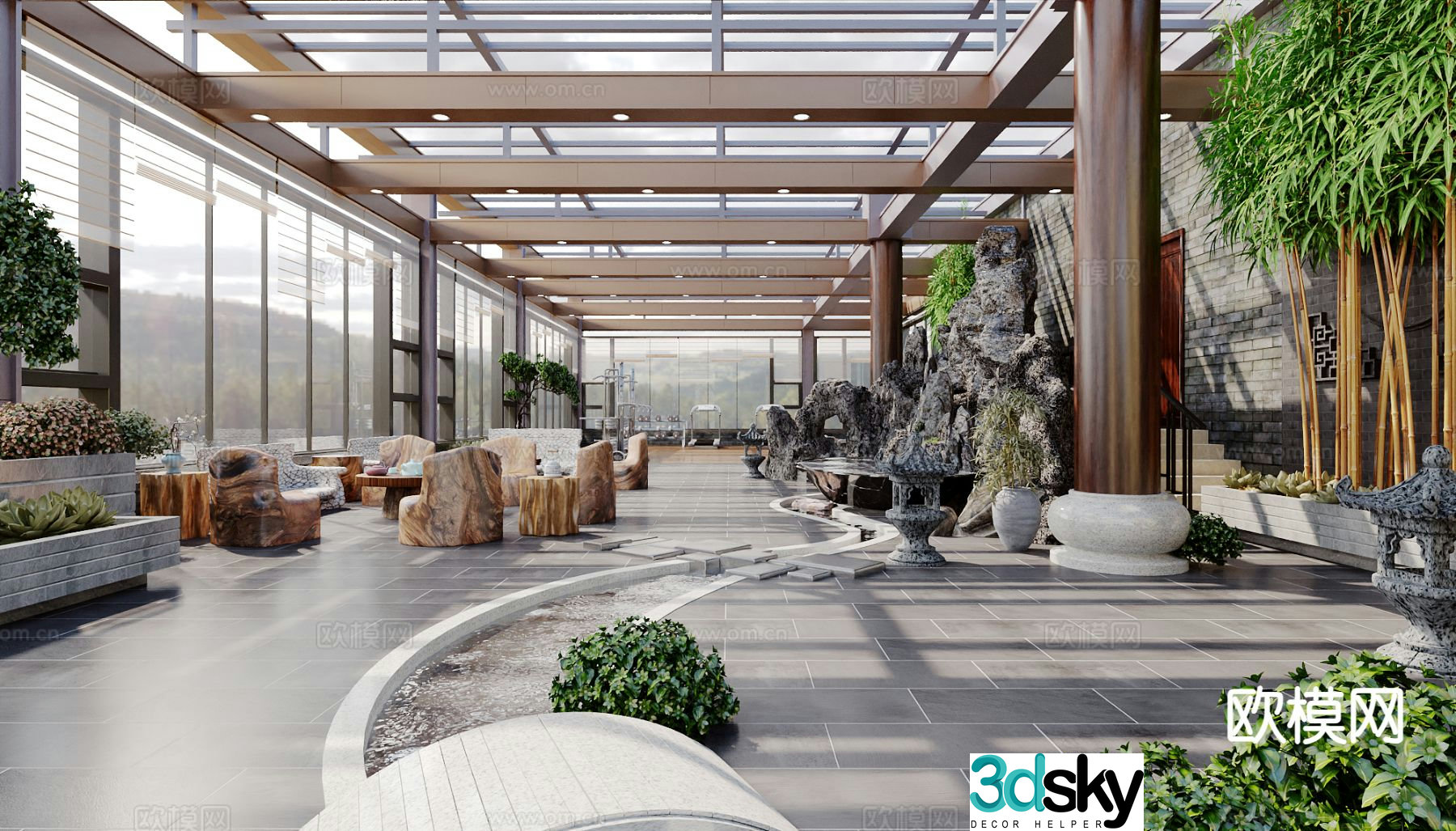 New Chinese style courtyard landscape sun room roof garden 3D model