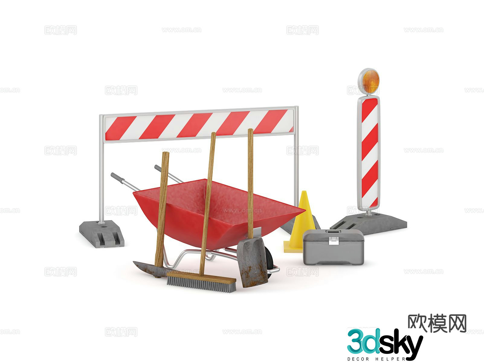 Construction facilities, trolley, broom, warning pile 3D model