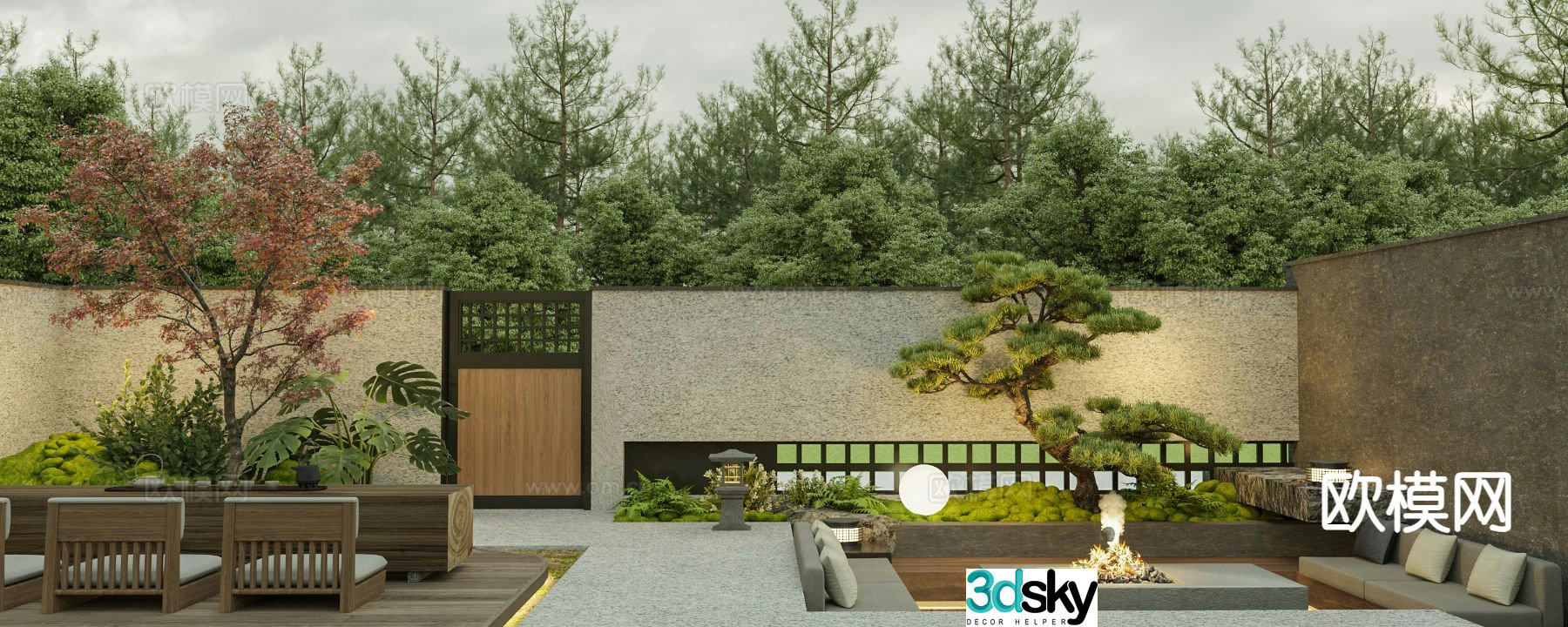 New Chinese-style villa courtyard sunken deck garden 3D model