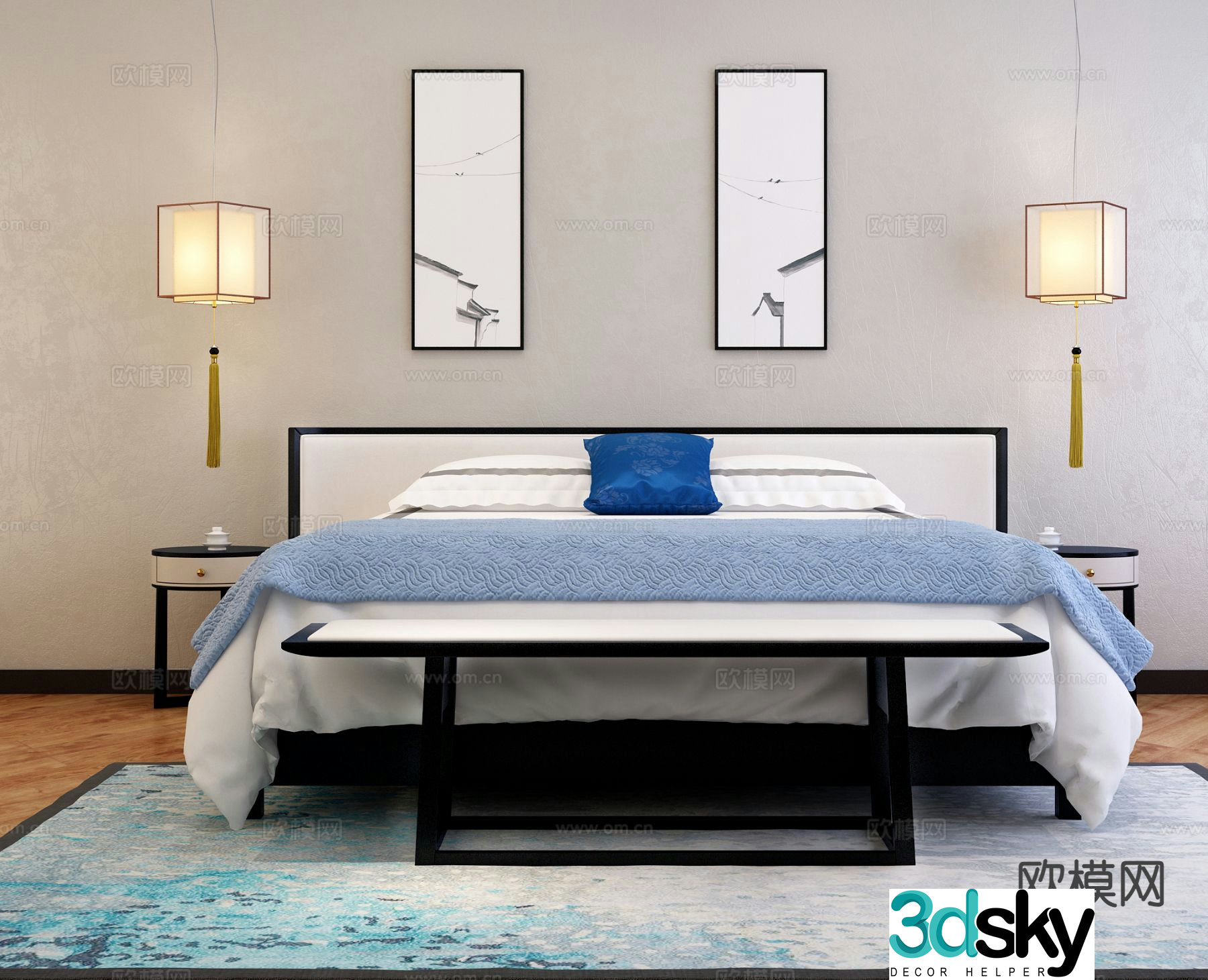 New Chinese style double bed 3d model