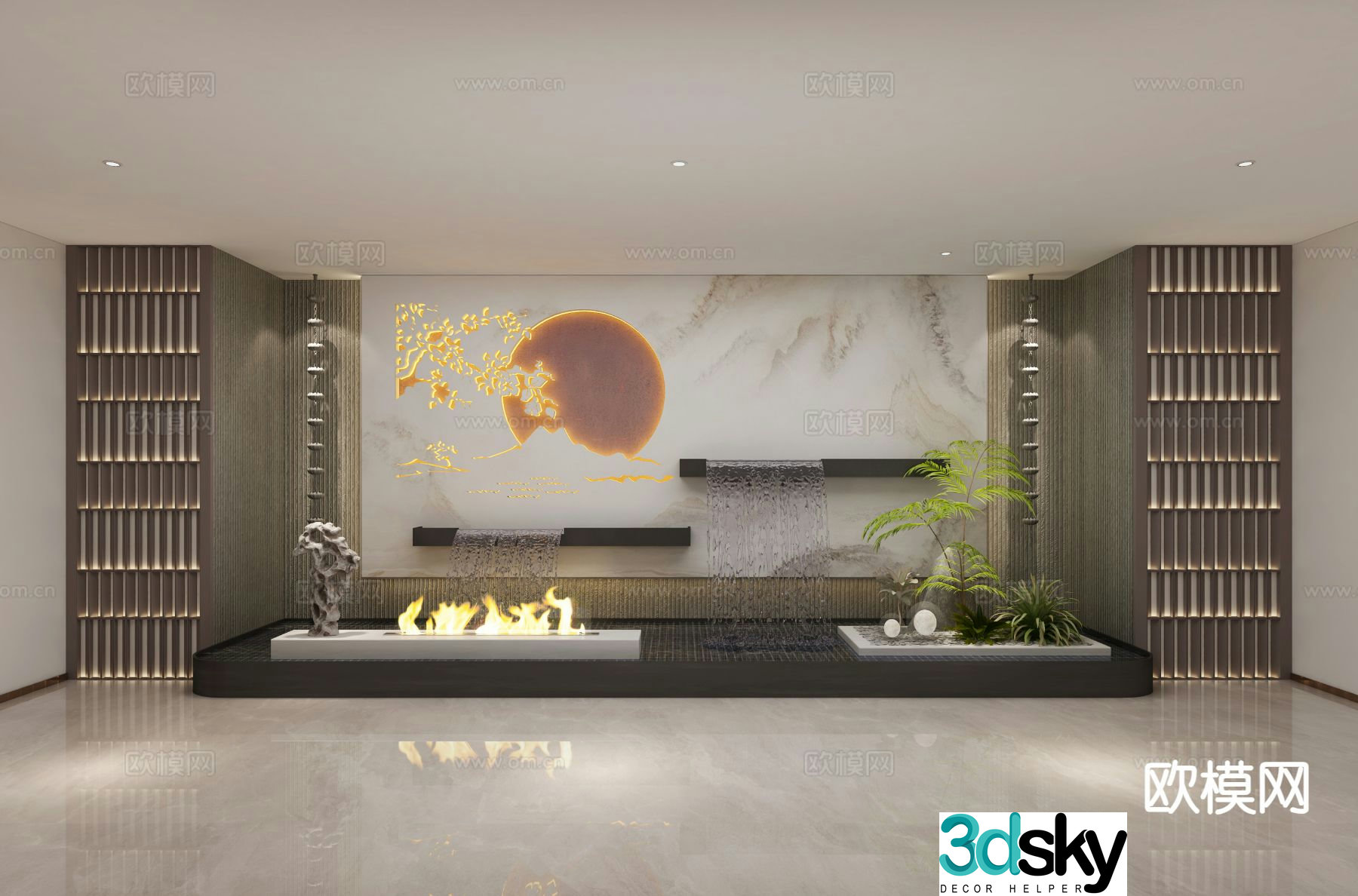 Modern fountain flowing water indoor sketch 3d model