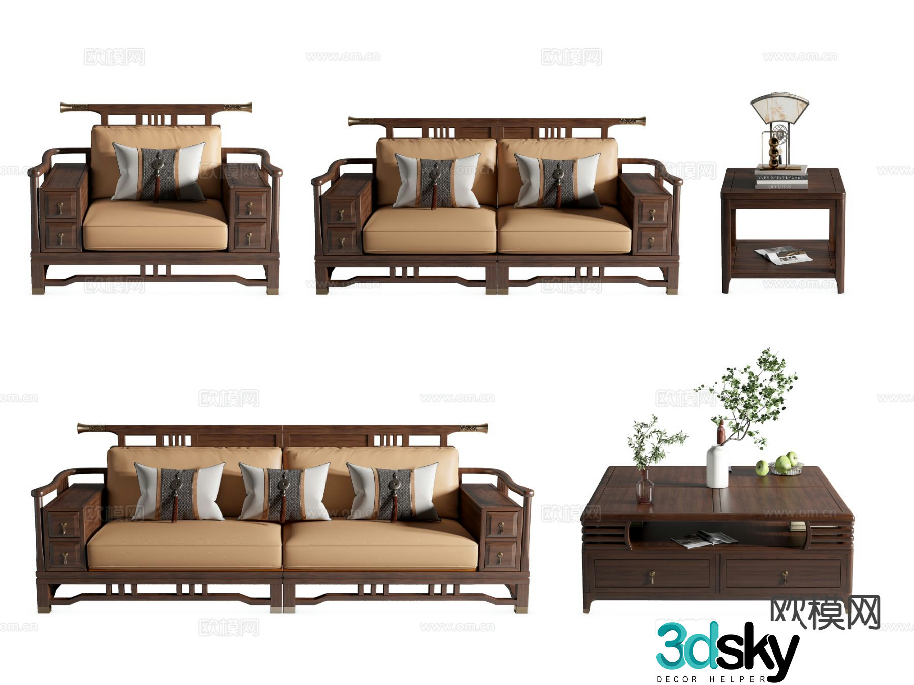 New Chinese coffee table single sofa double sofa 3D model