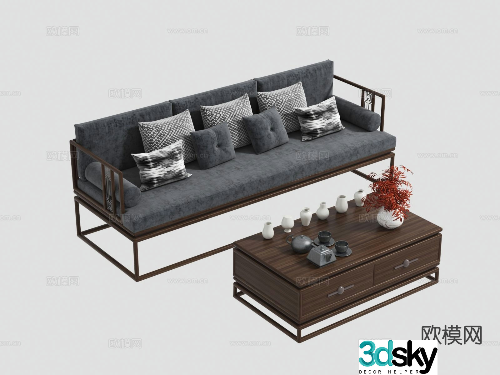 New Chinese three-person sofa coffee table 3D model