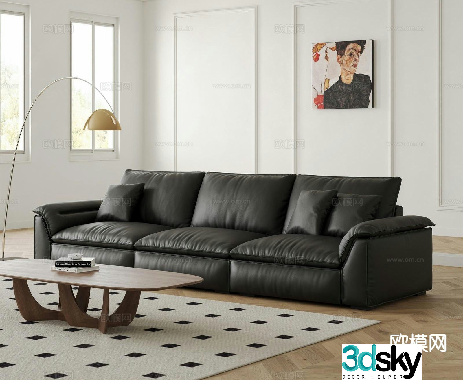 Modern three-seat sofa leather sofa 3d model