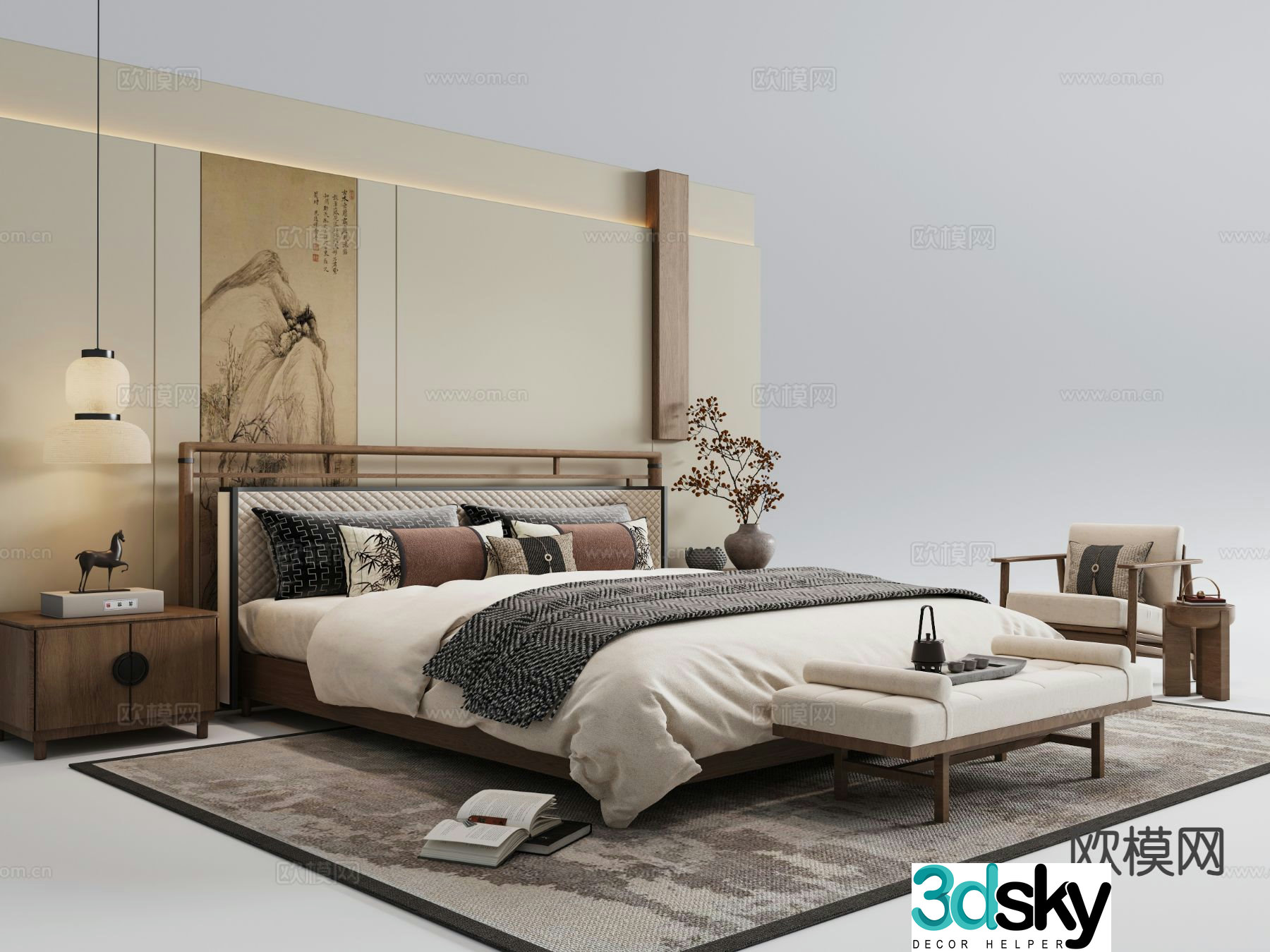 New Chinese style double bed 3d model