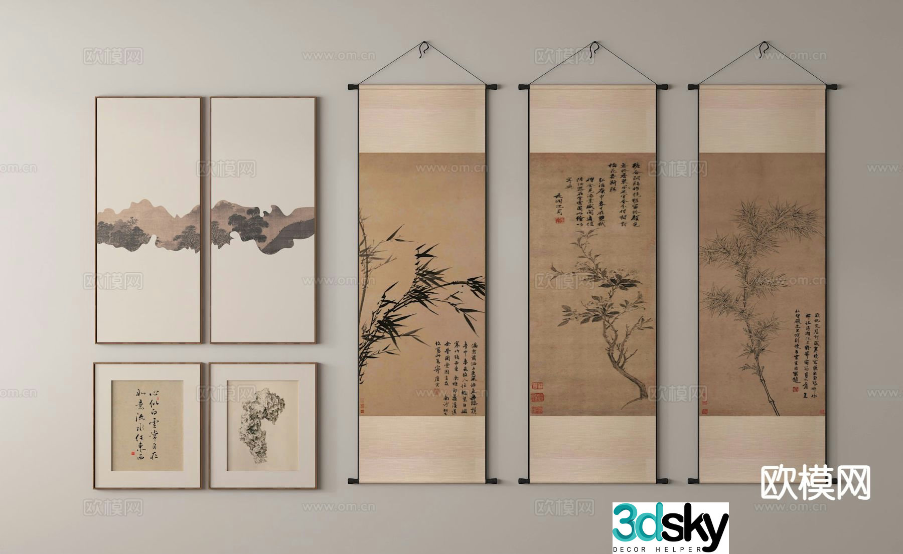 New Chinese style hanging paintings scroll paintings ink paintings 3D model