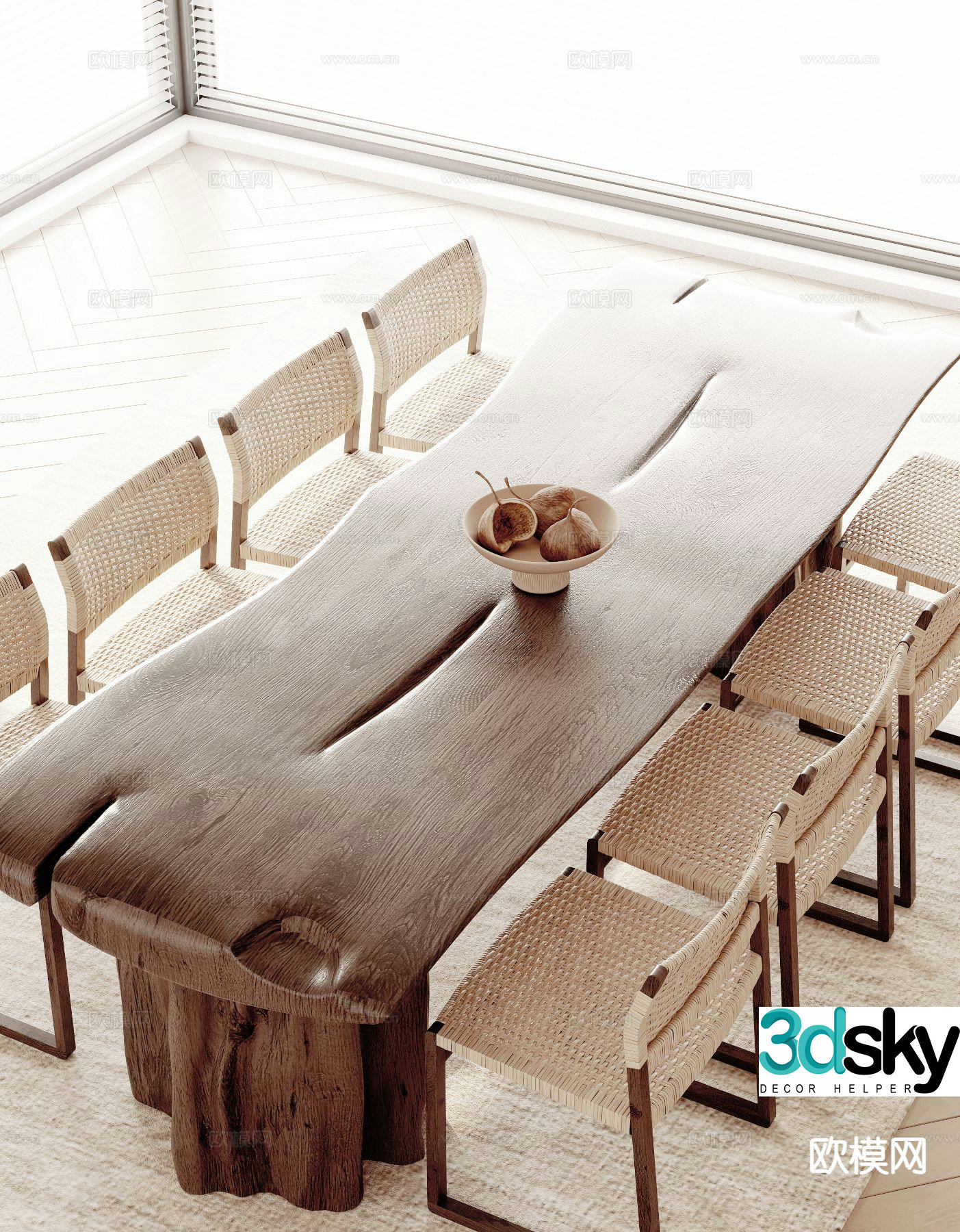 Wabi-sabi style dining table and chairs wooden table 3d model