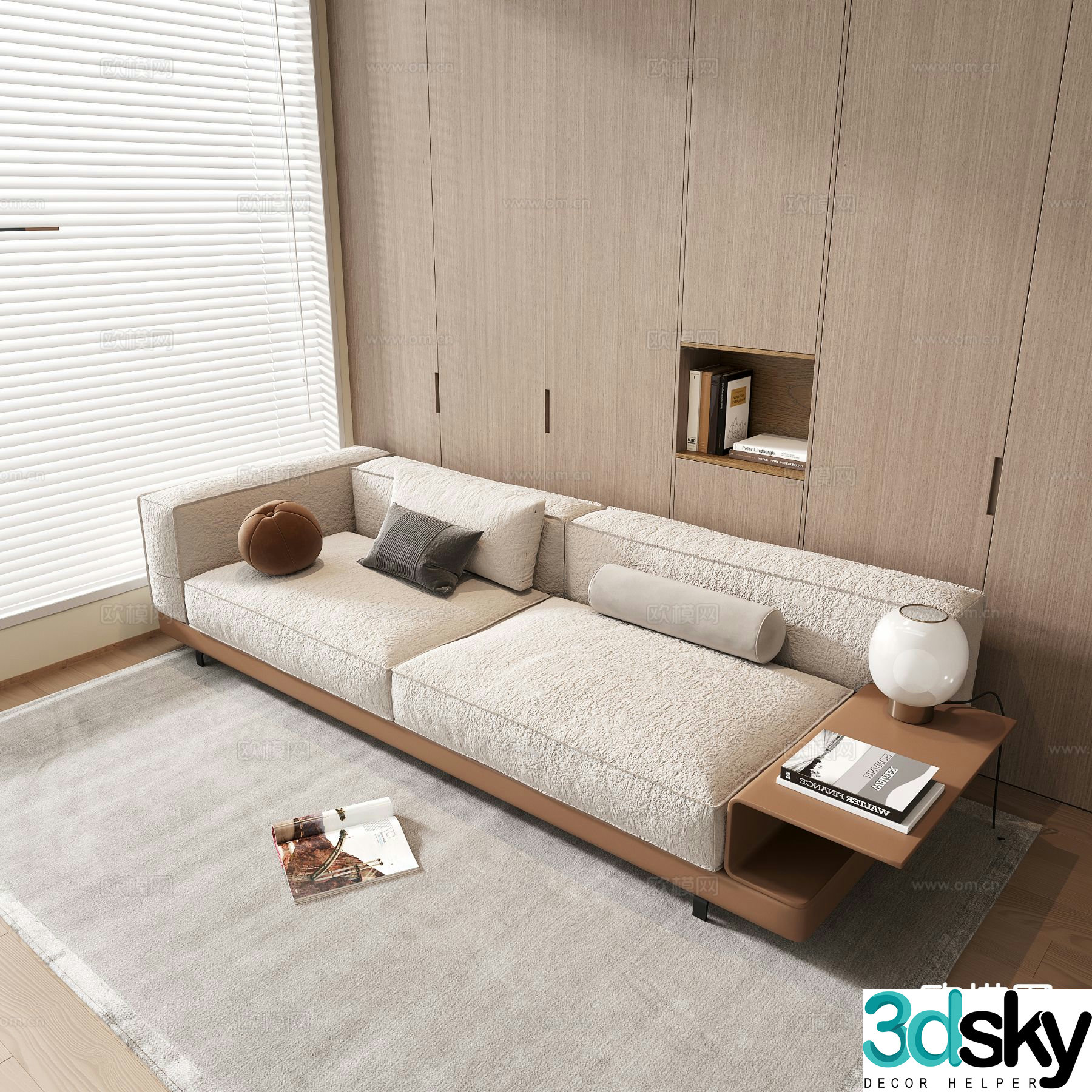 Modern double sofa straight sofa fabric sofa 3D model