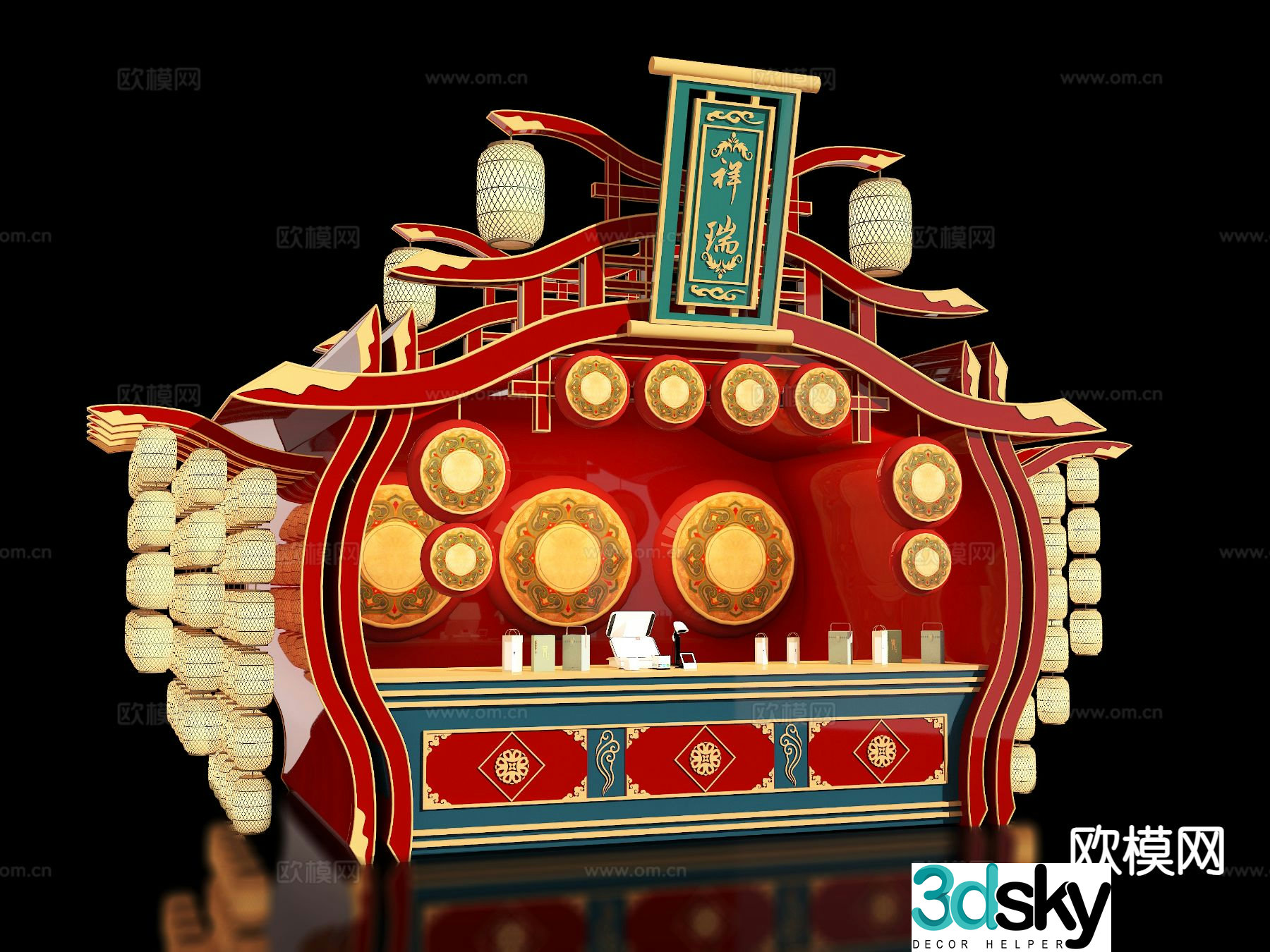 New Chinese style stalls Commercial sales stalls Dining cart float 3d model