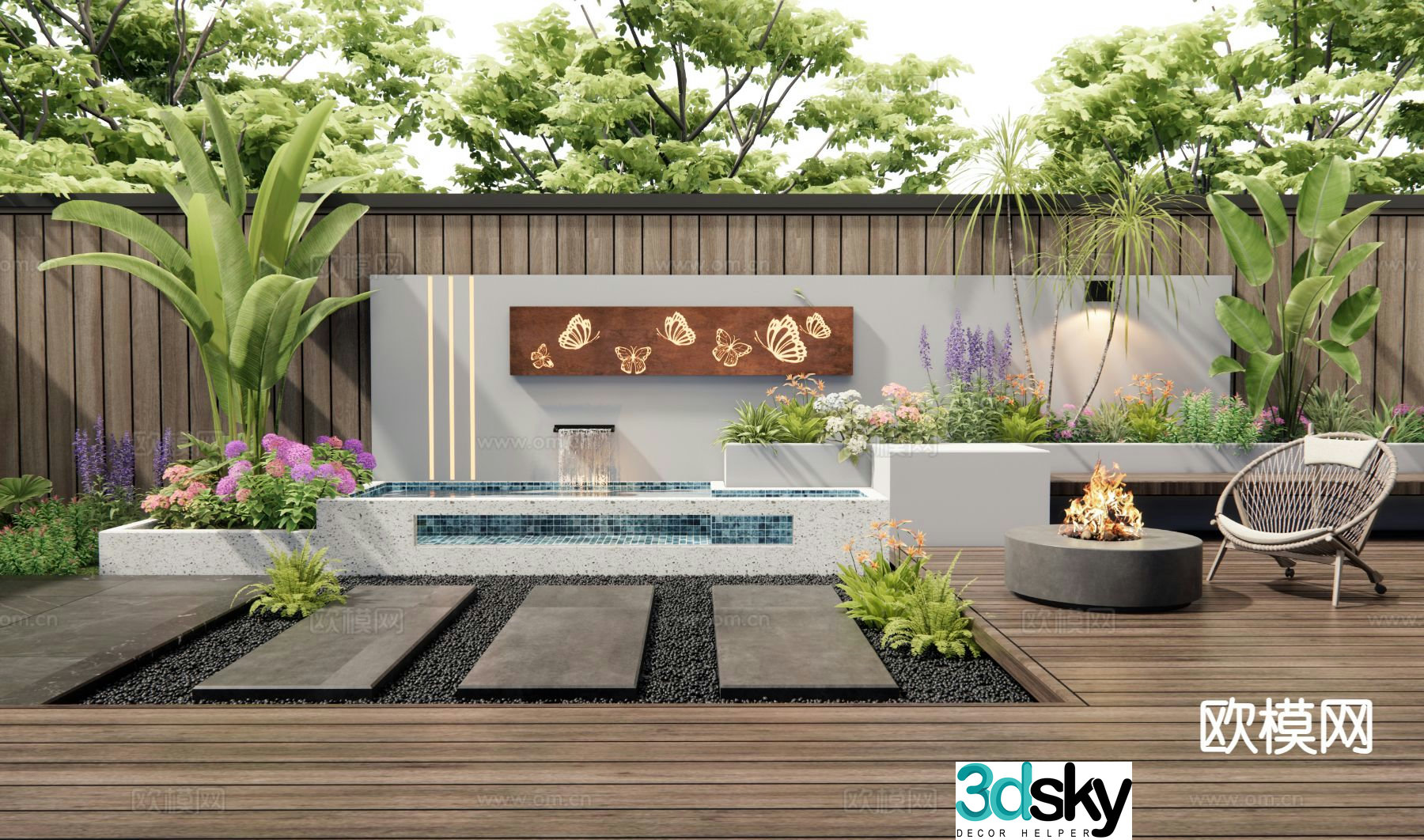 Modern courtyard water feature falling water fountain 3D model