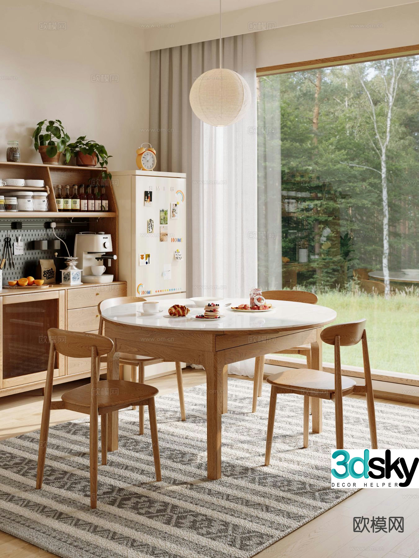 3D model of log style dining table and chairs