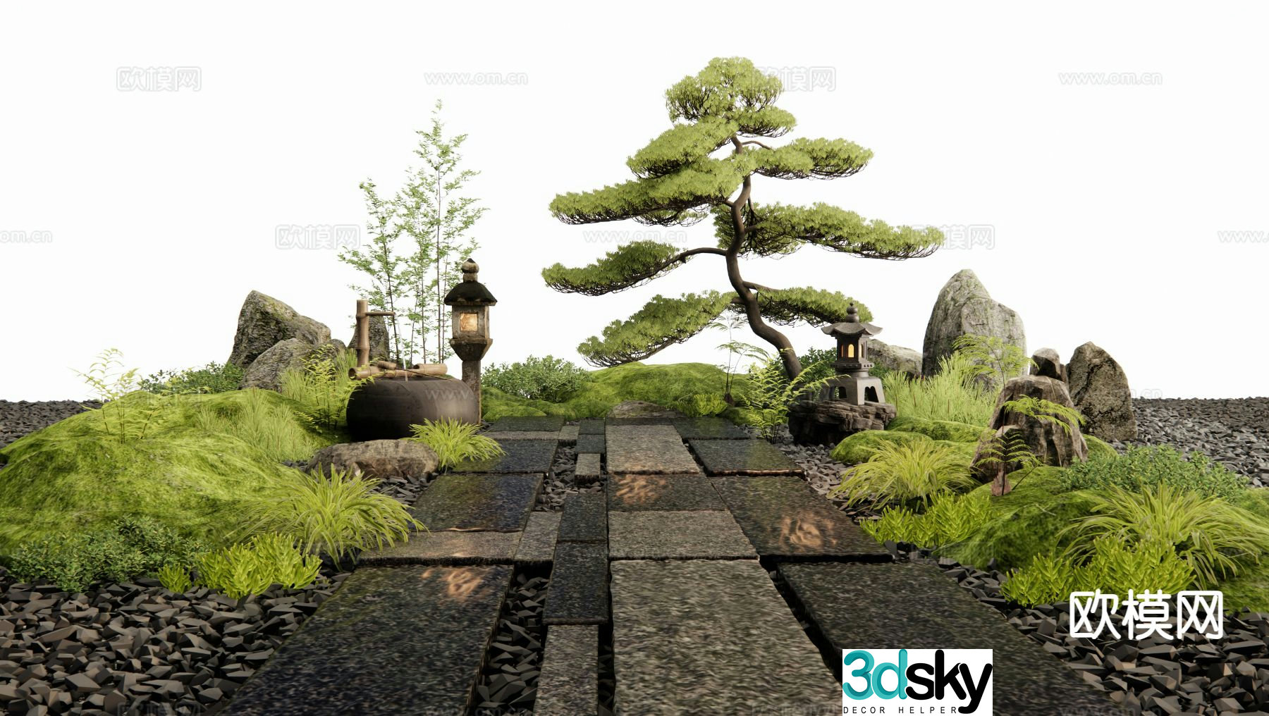 New Chinese style bluestone road garden paving courtyard sketch 3D model