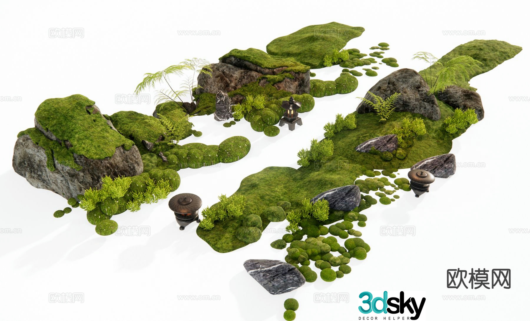 Japanese micro terrain garden sketch moss stone 3d model