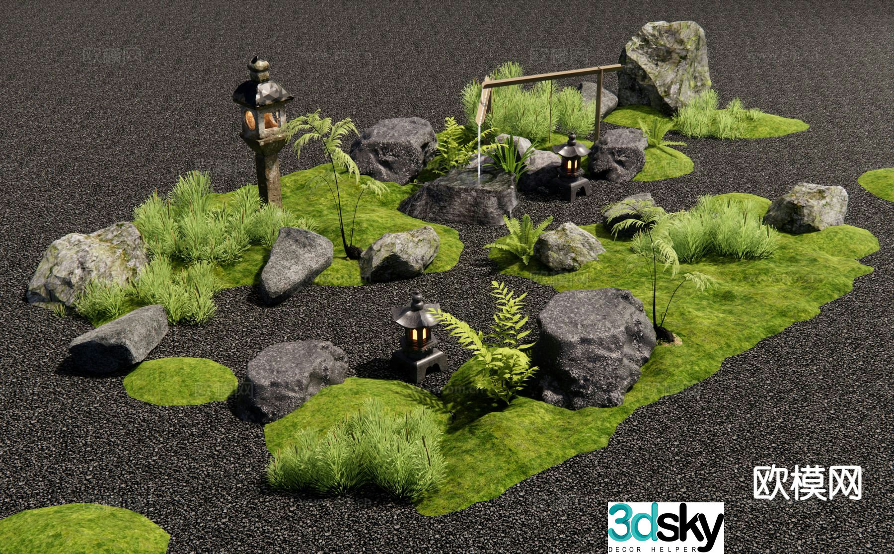 New Chinese style micro terrain landscape stone courtyard sketch 3D model