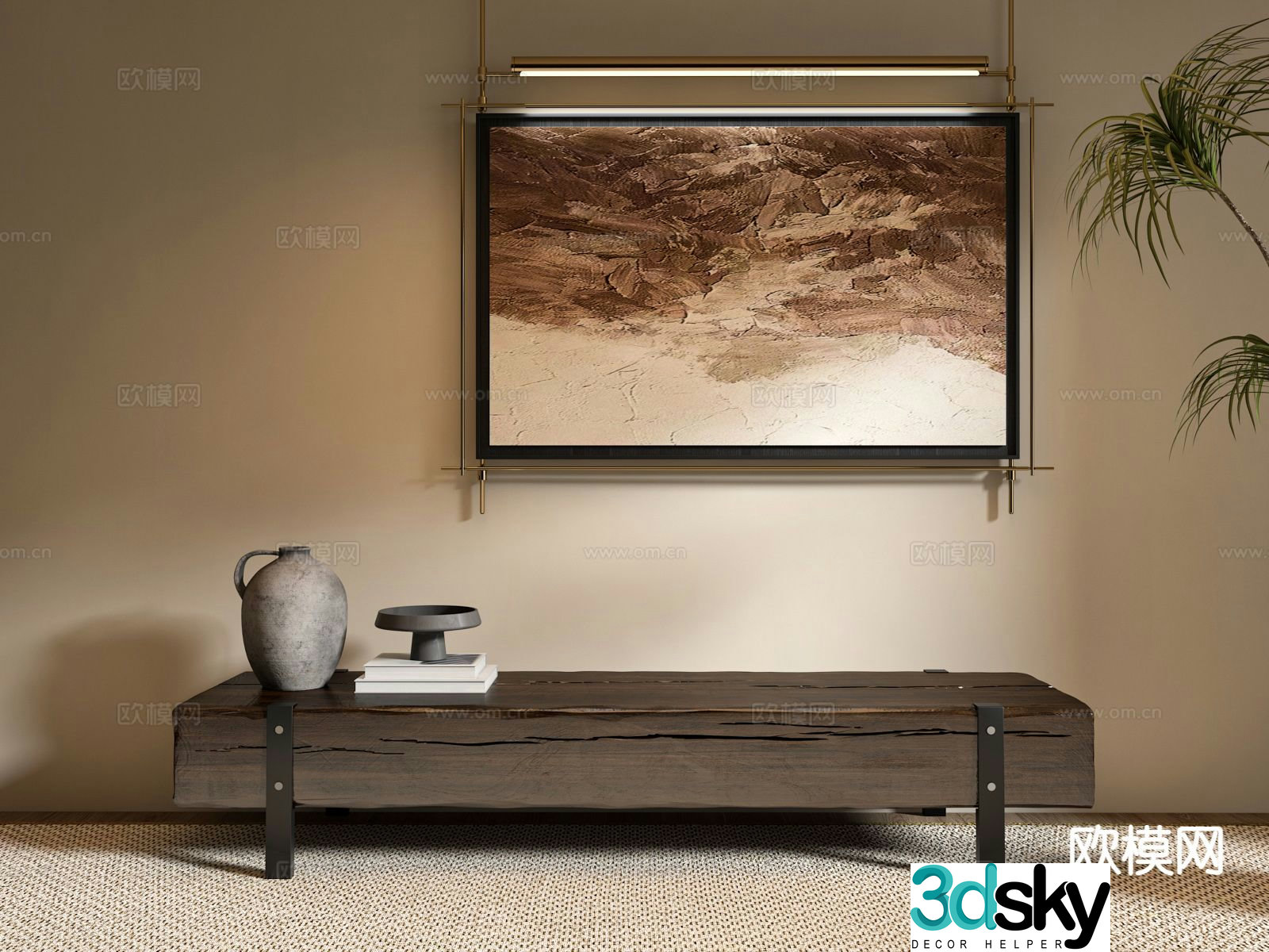 Wabi Sabi Bench Old Wooden Stool Hanging Painting 3D Model