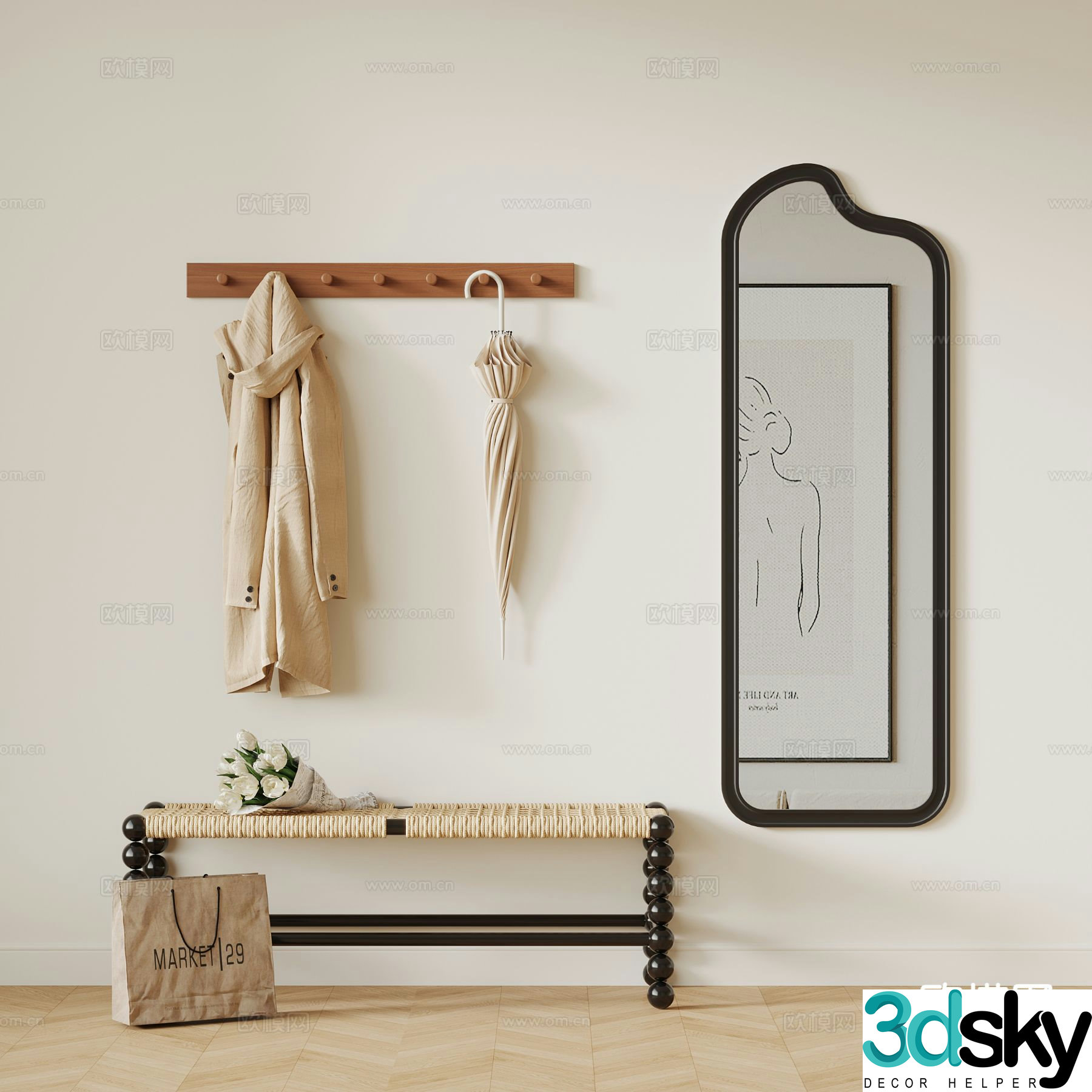 Mirror full-length mirror shoe changing stool clothes hook 3D model