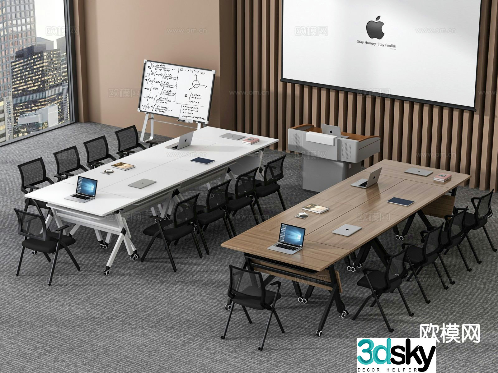 Conference tables and chairs training tables and chairs podium projection screen 3D model