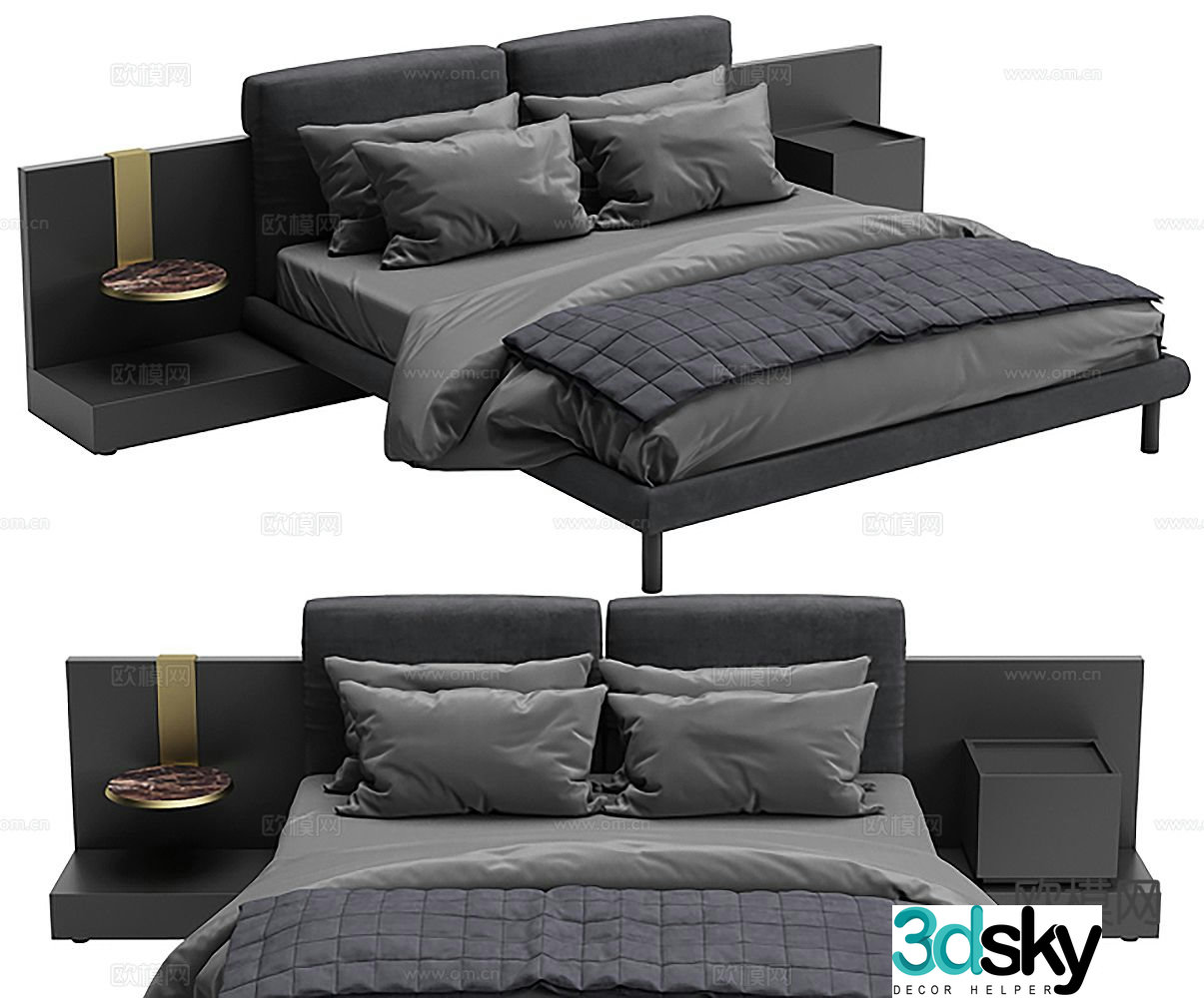 Simple gray double bed 3d model