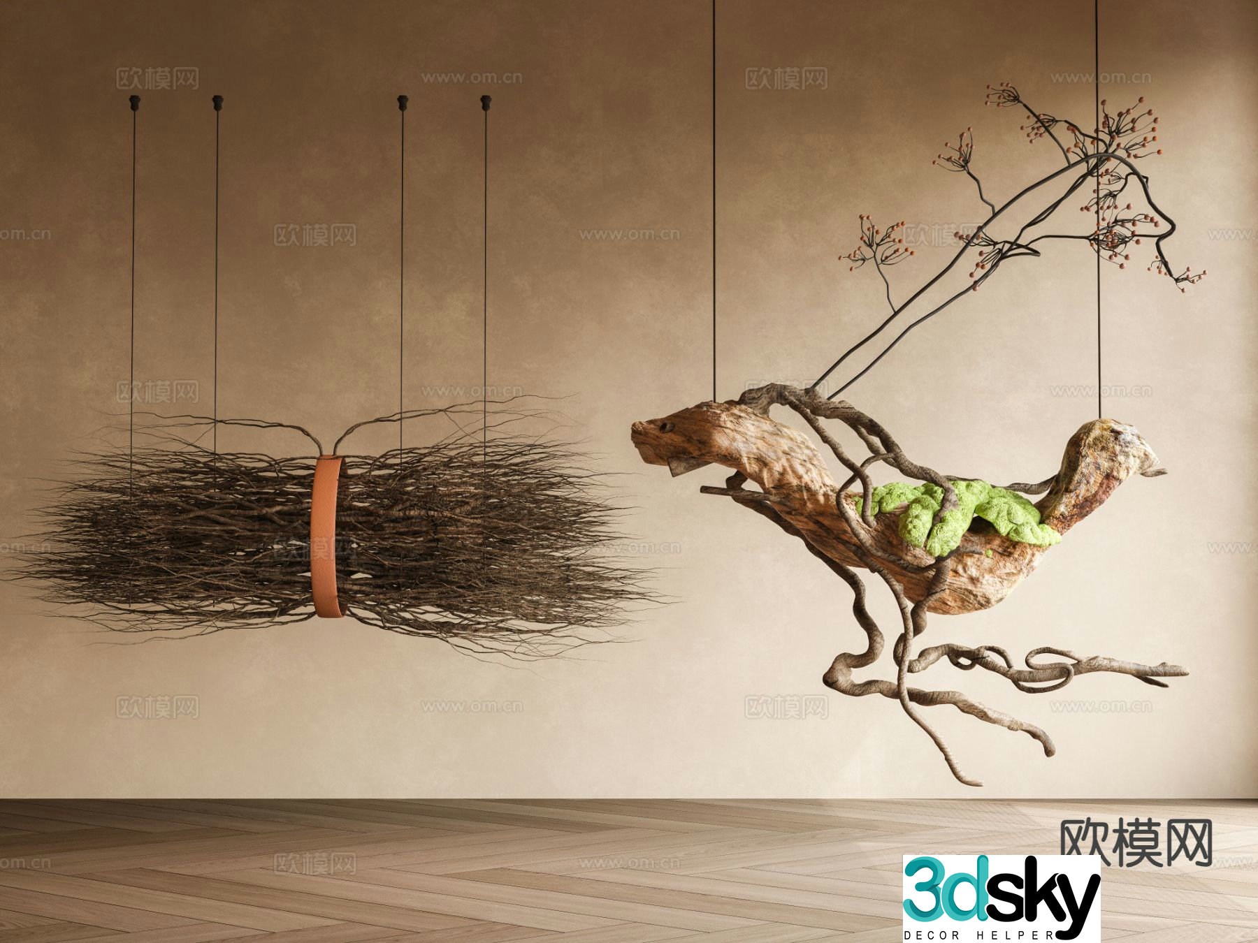 Wabi-sabi dead wood green plant tree sculpture old wood dry branch pendant dead wood sketch 3D model