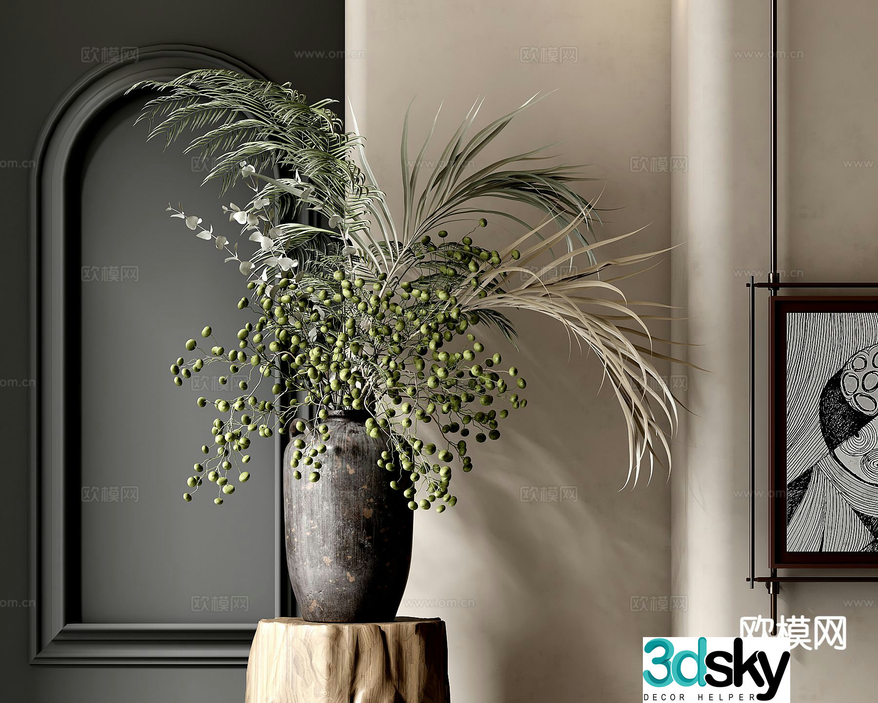 New Chinese style vase floral arrangement green plants clay pot 3D model