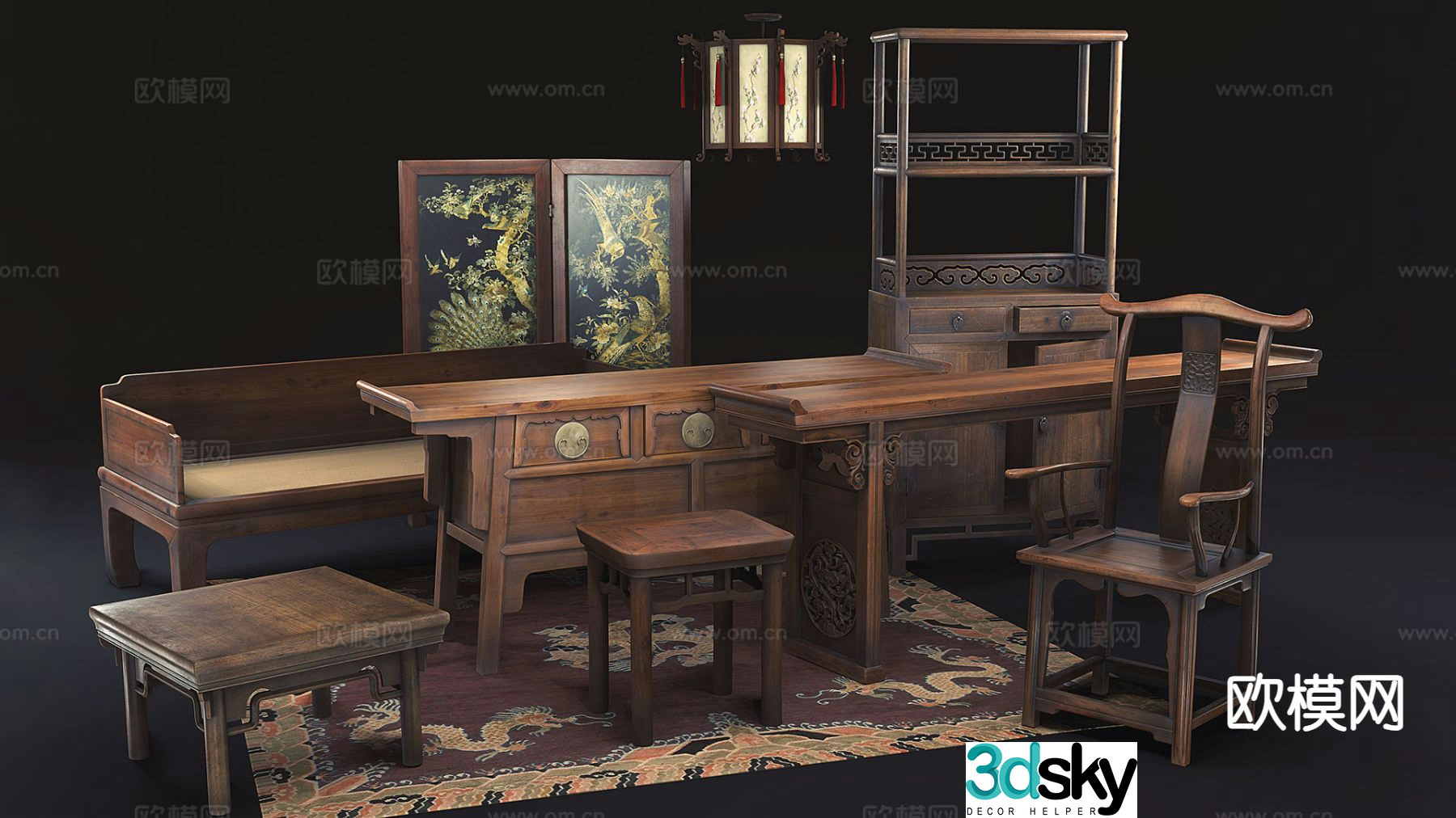 Chinese style furniture desk writing desk 3d model
