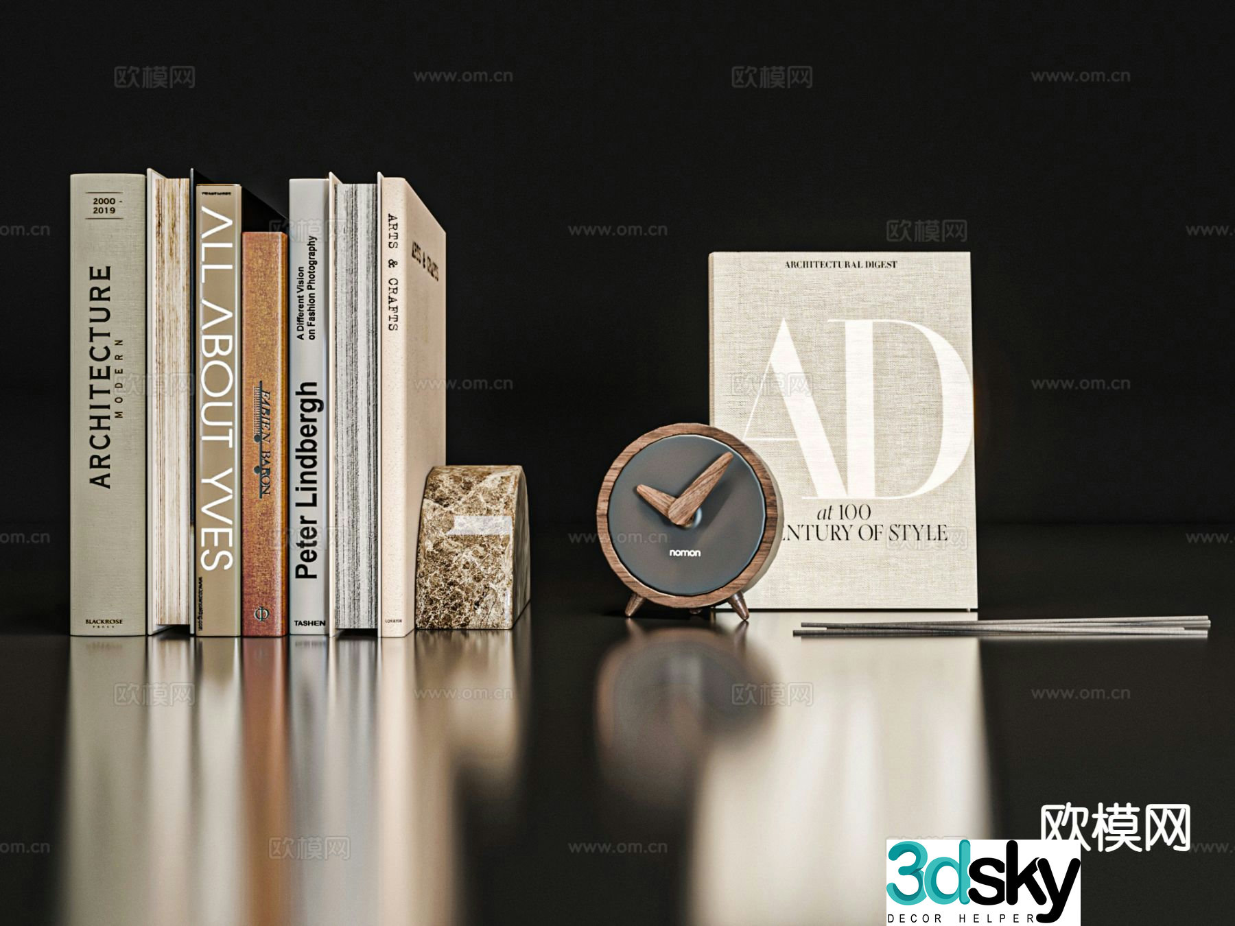 Modern decorations tableware books alarm clock 3d model