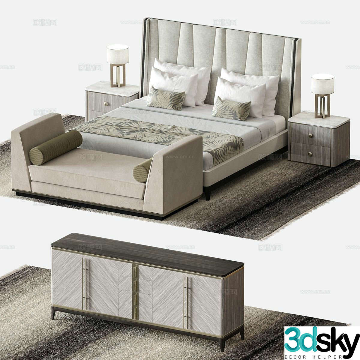 New Chinese style double bed TV cabinet 3D model