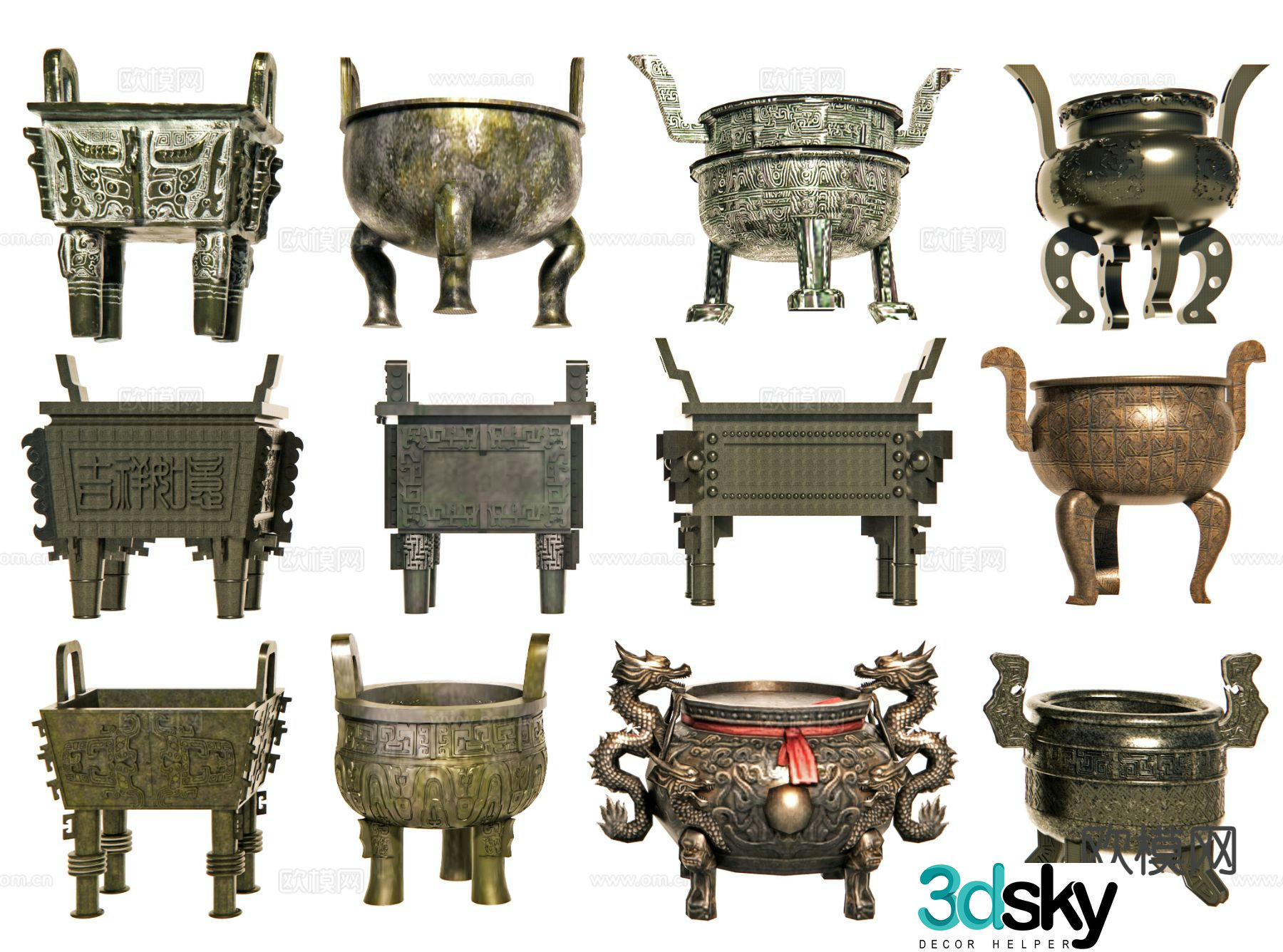Chinese bronze tripod square tripod round tripod triangle tripod 3D model