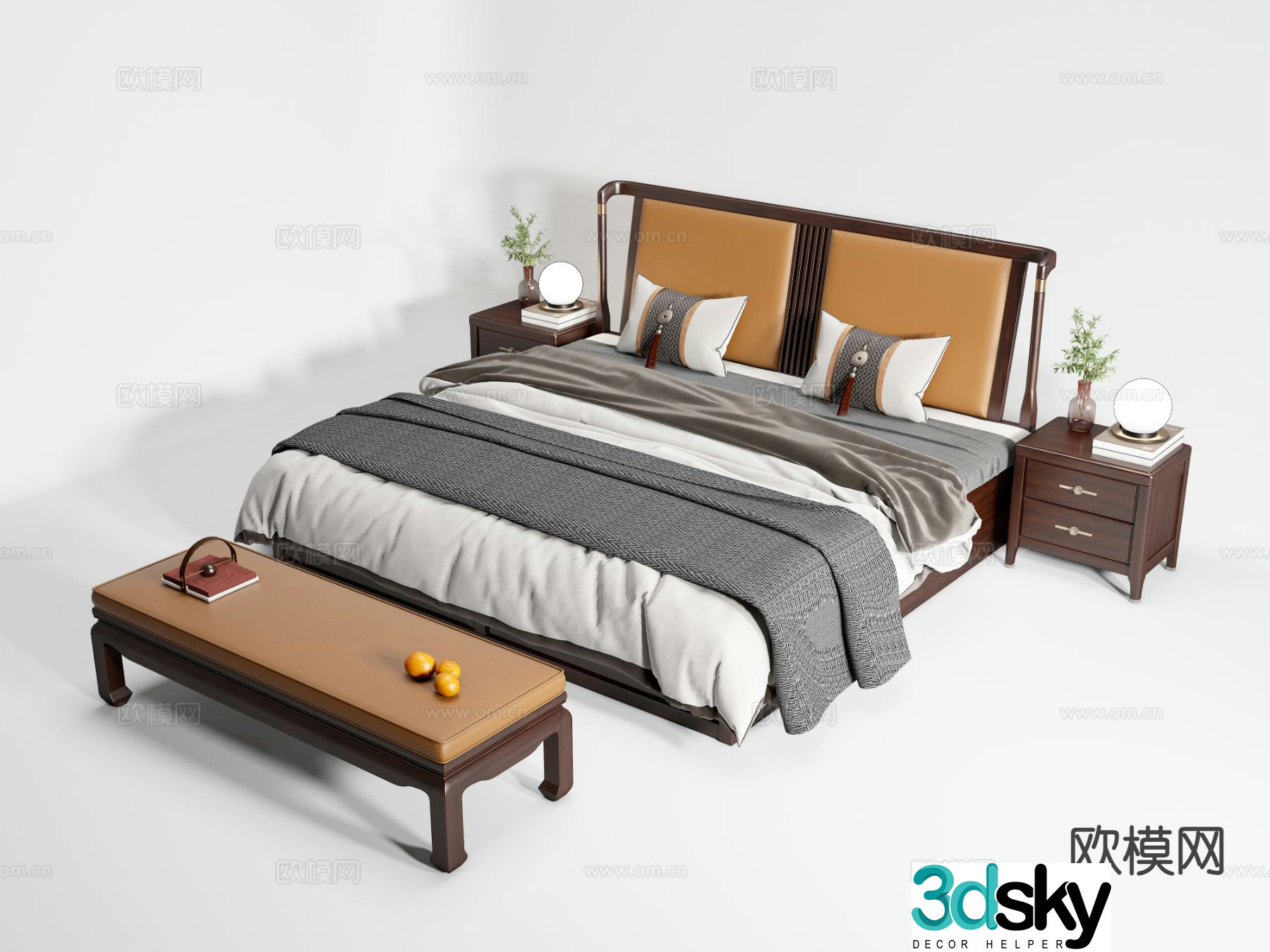 New Chinese style double bed 3d model