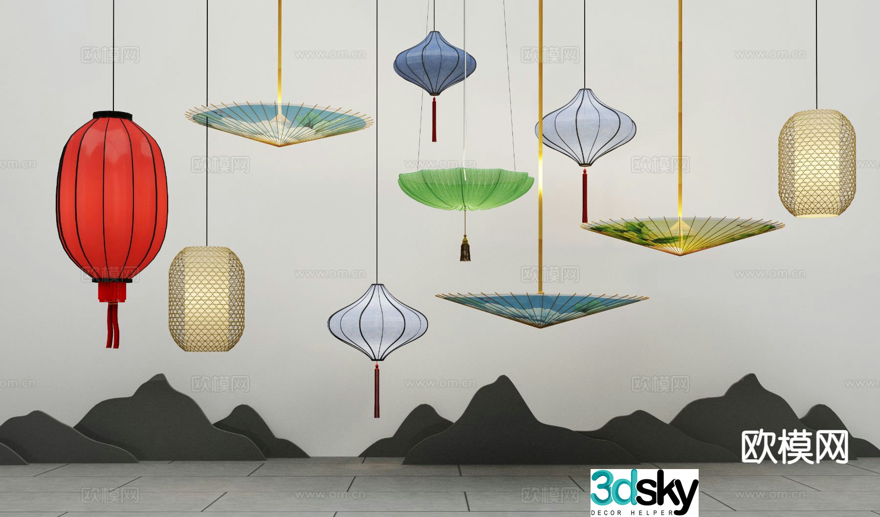 New Chinese style lantern oil paper umbrella decorative lamp 3d model