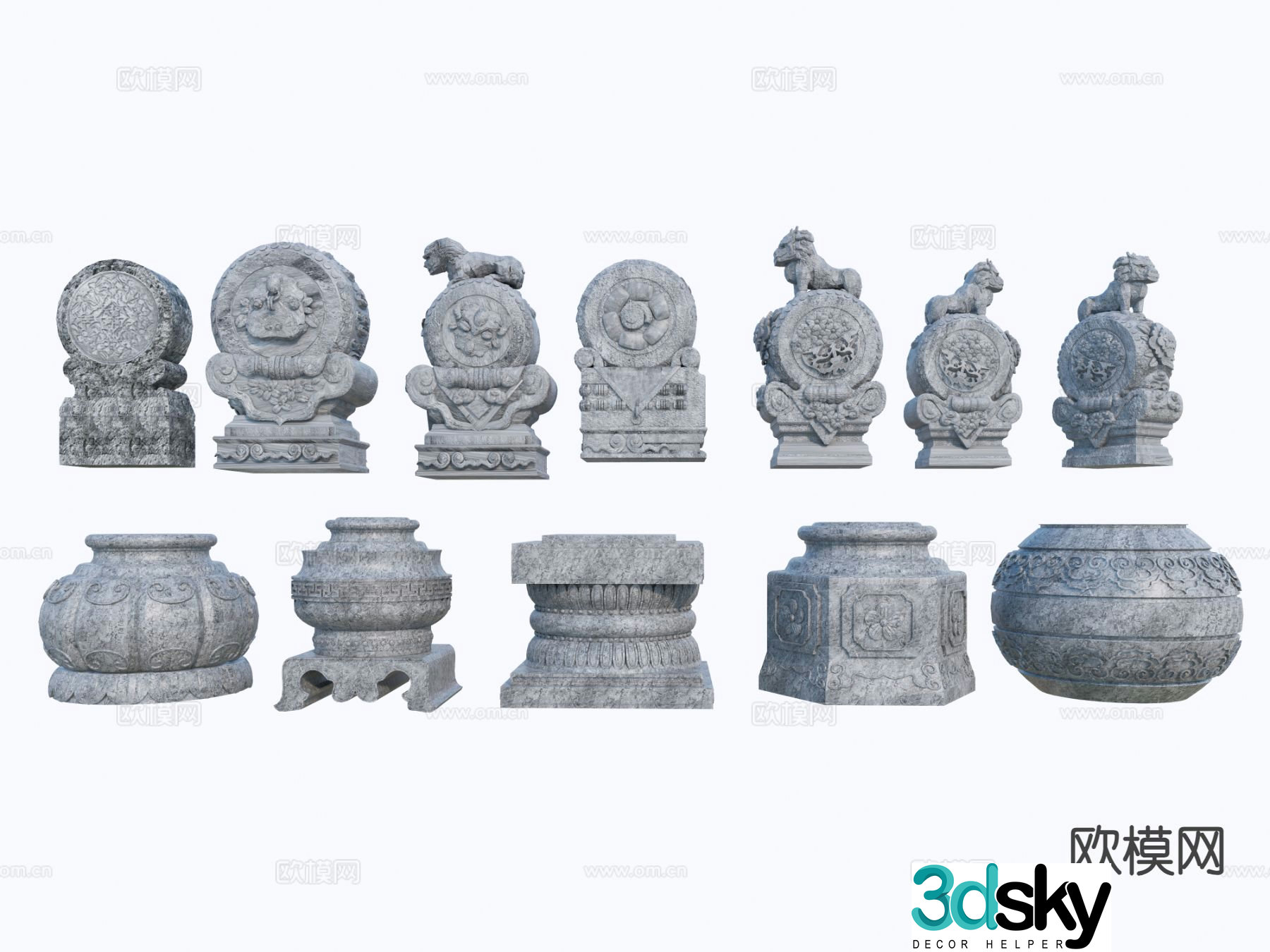 Chinese style drum stone unicorn stone carving sculpture d model