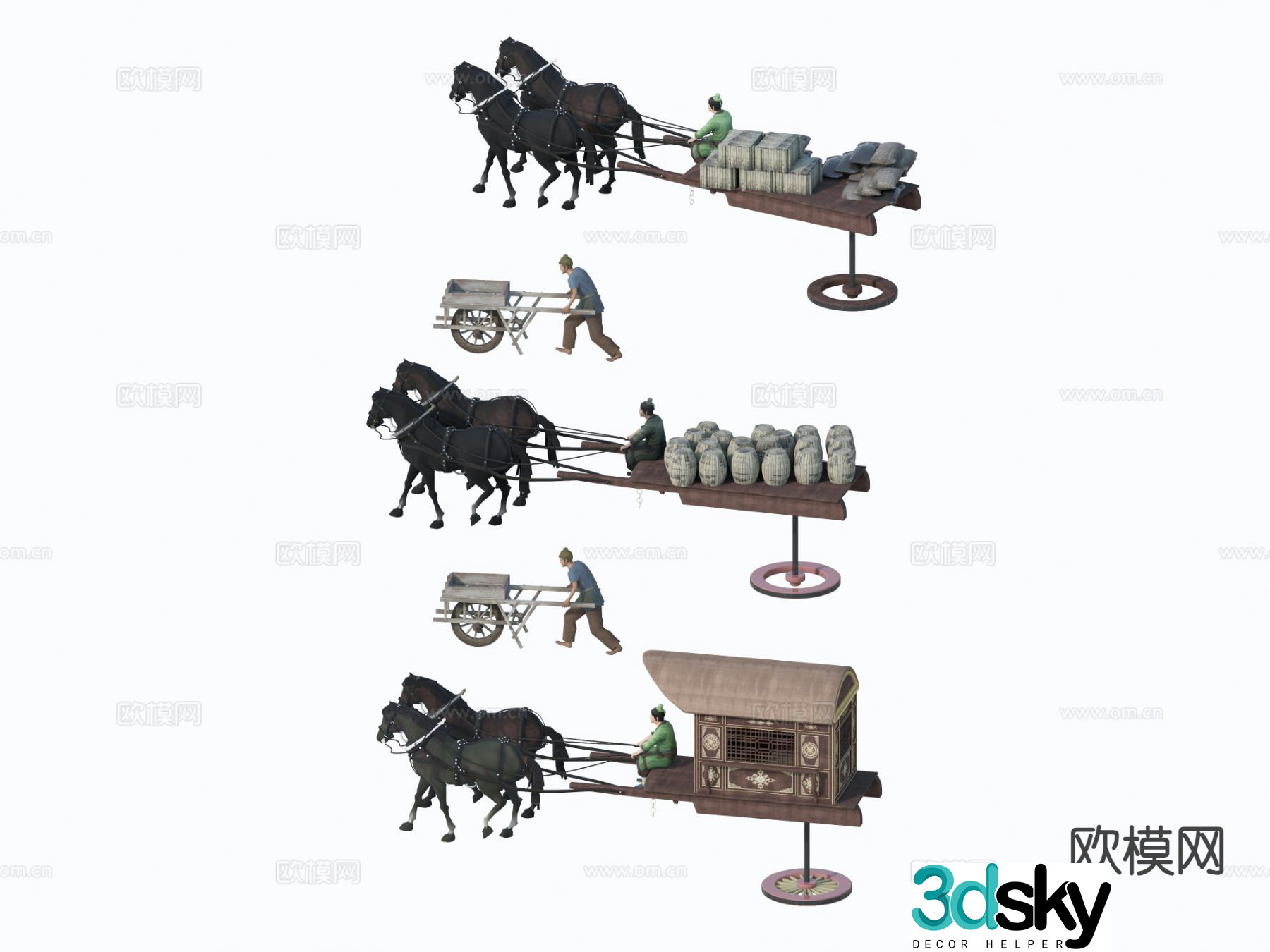Ancient Chinese character carriage character wagon trolley 3D model