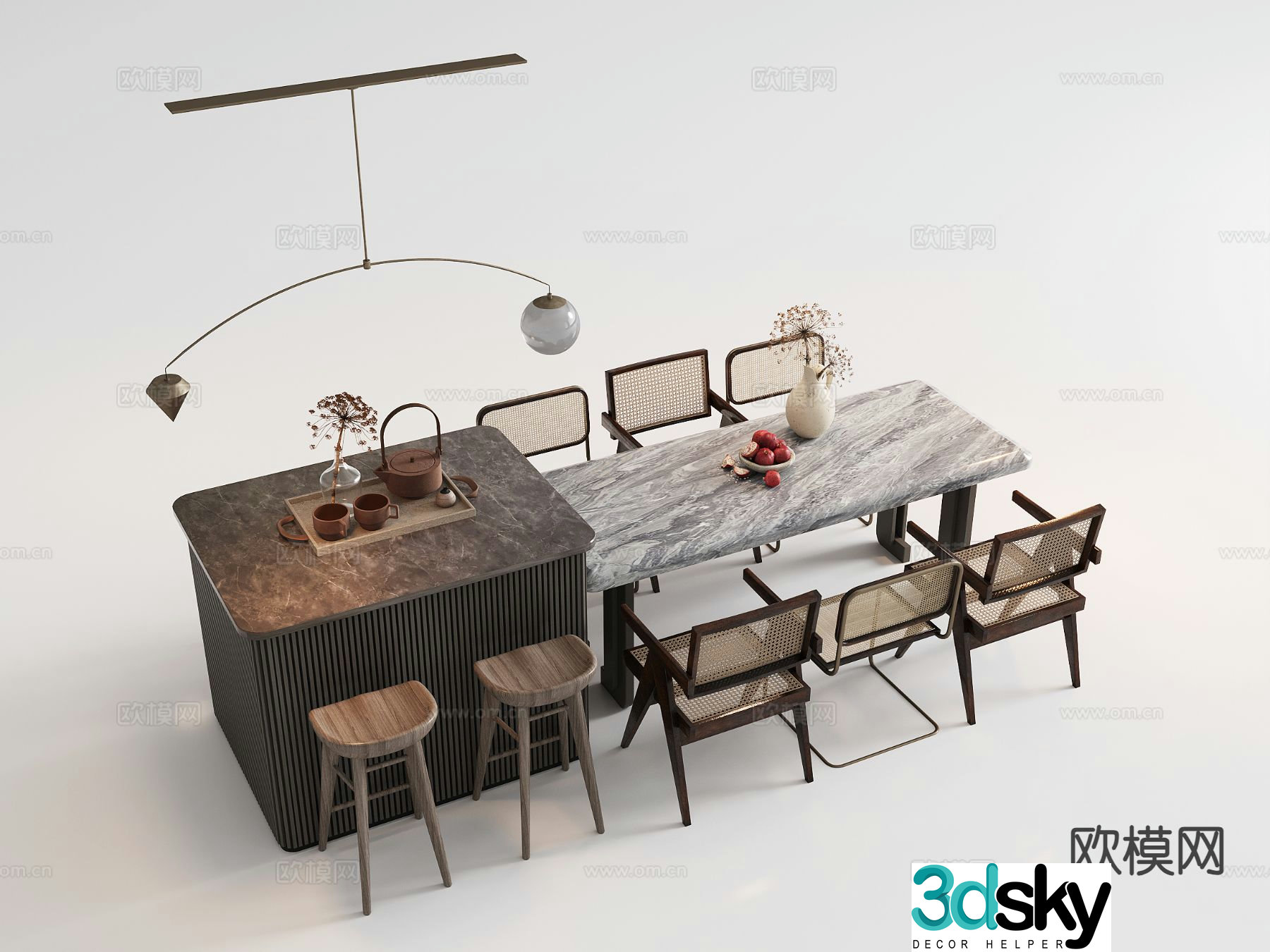 Wabi-sabi dining table and chairs island dining table 3d model