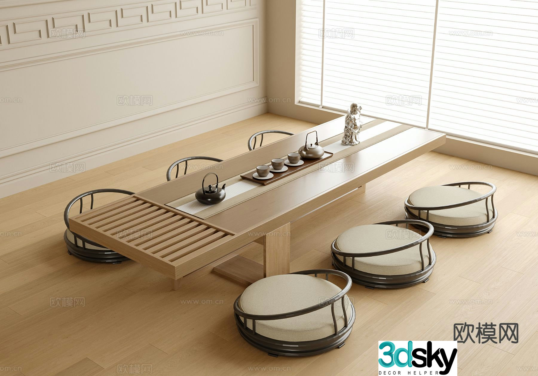 Modern tatami tea table and chairs 3d model