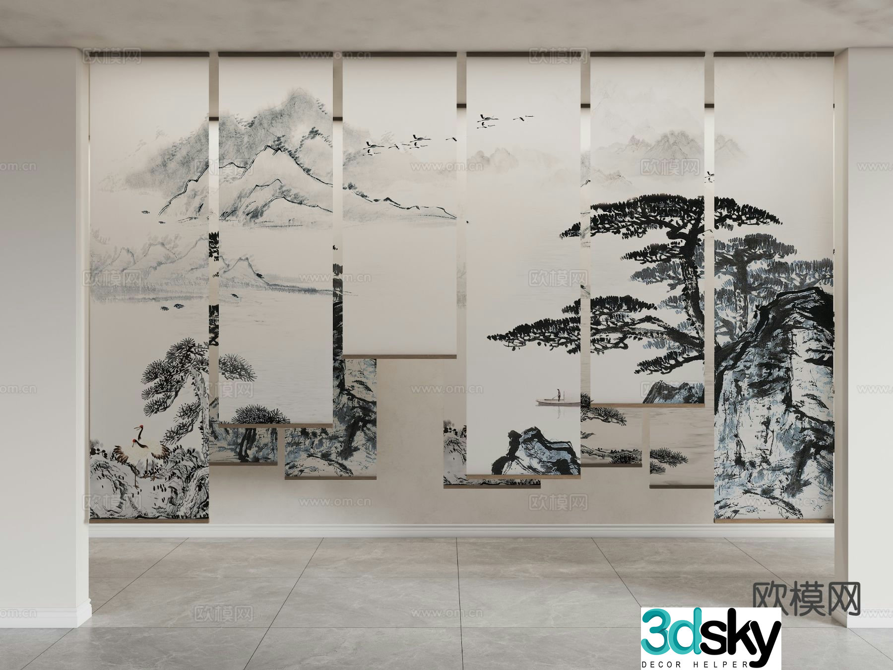 New Chinese style curtains gauze curtains landscape curtains partition curtains 3D model