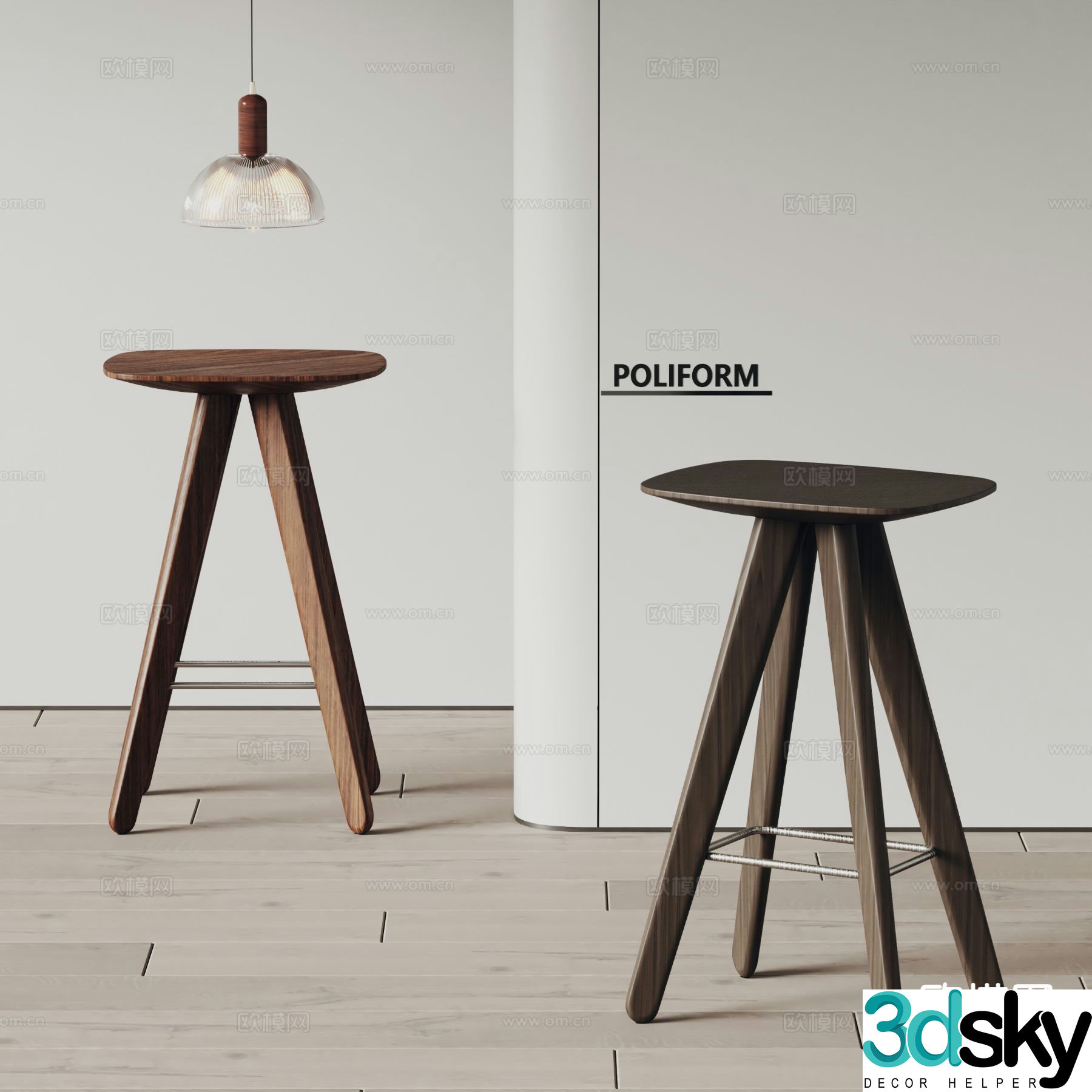poliform modern bar stool solid wood stool 3d model
