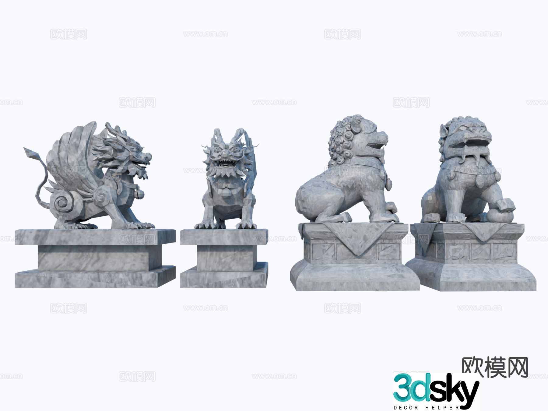 Chinese style stone lion unicorn sculpture 3d model