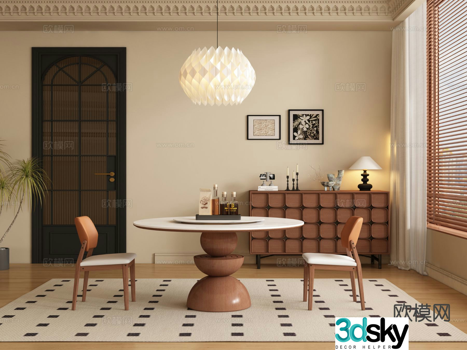 Medieval style dining table and chairs round dining table 3D model